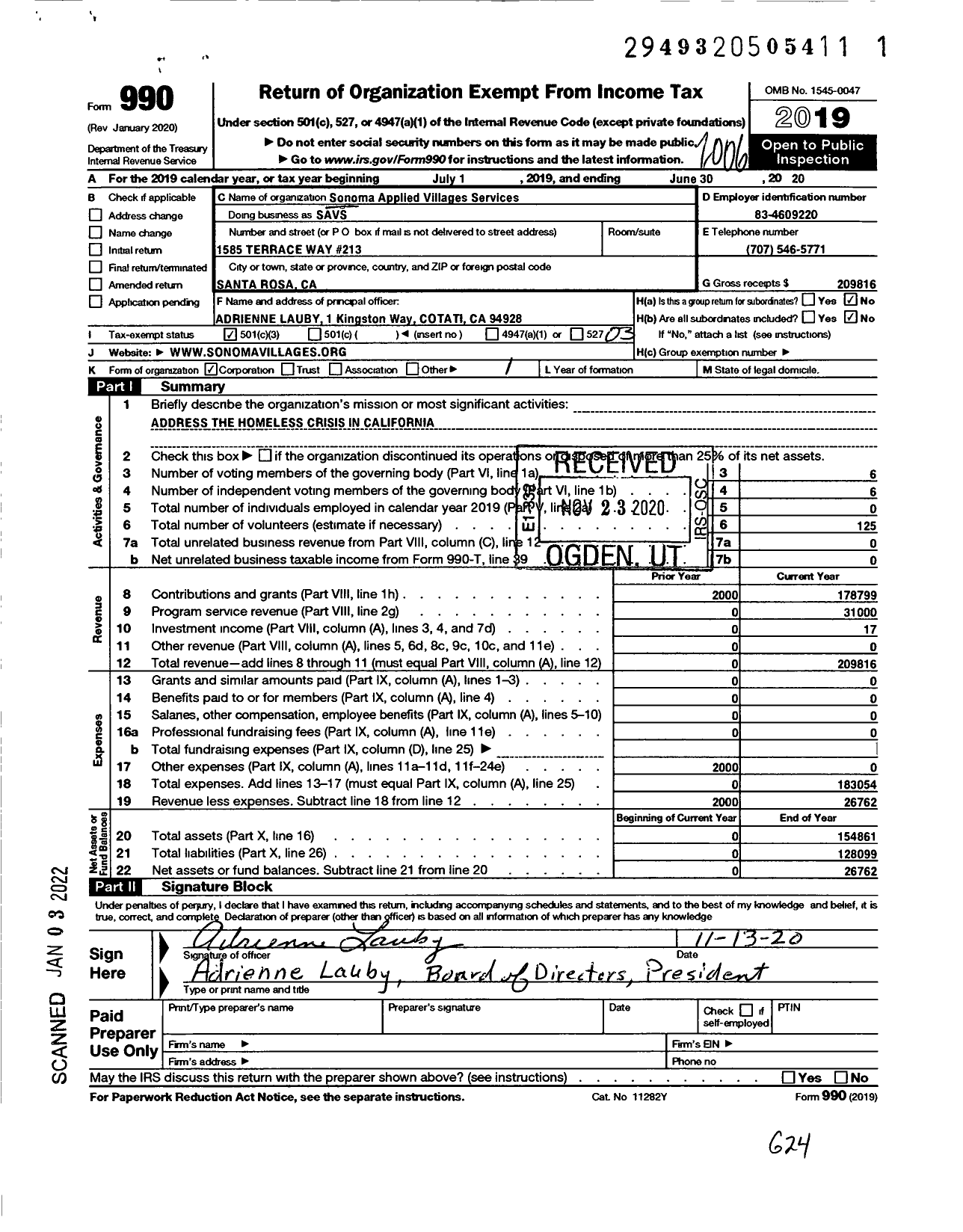Image of first page of 2019 Form 990 for Sonoma Applied Villages Services