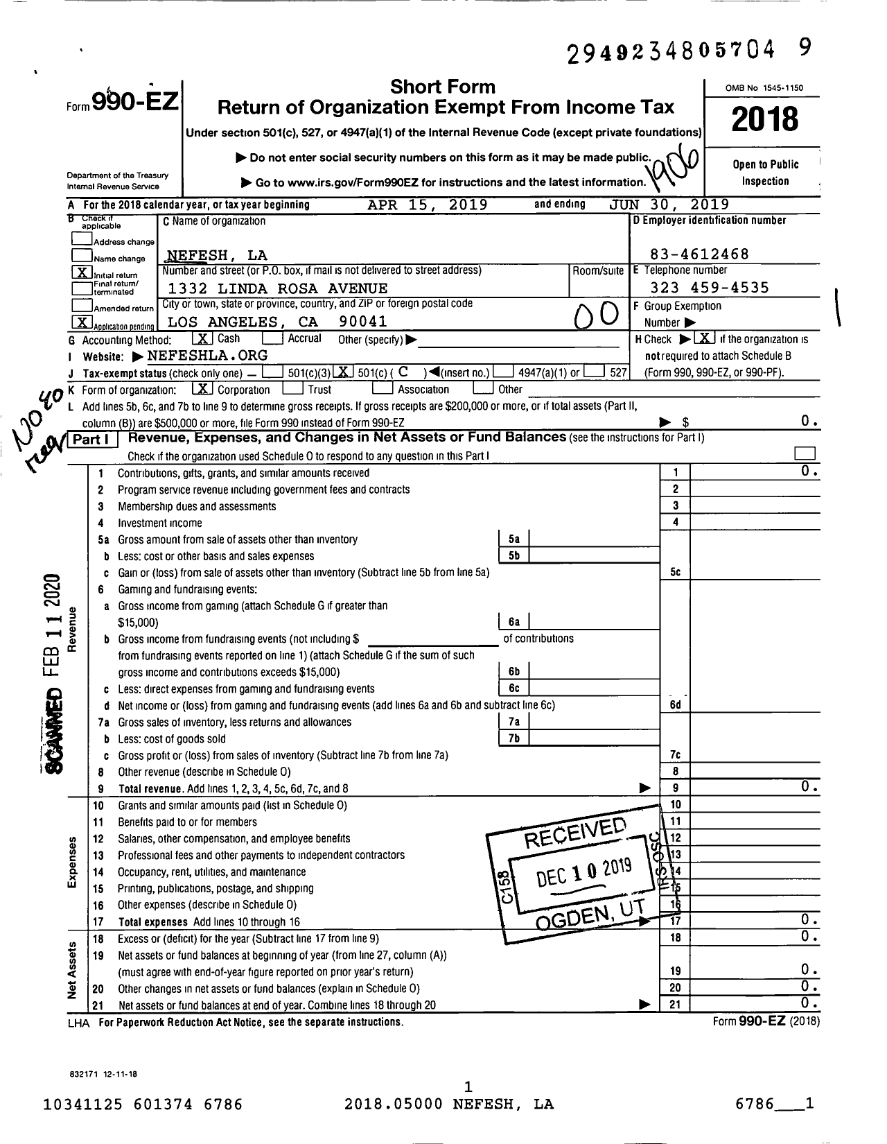 Image of first page of 2018 Form 990EO for Nefesh La