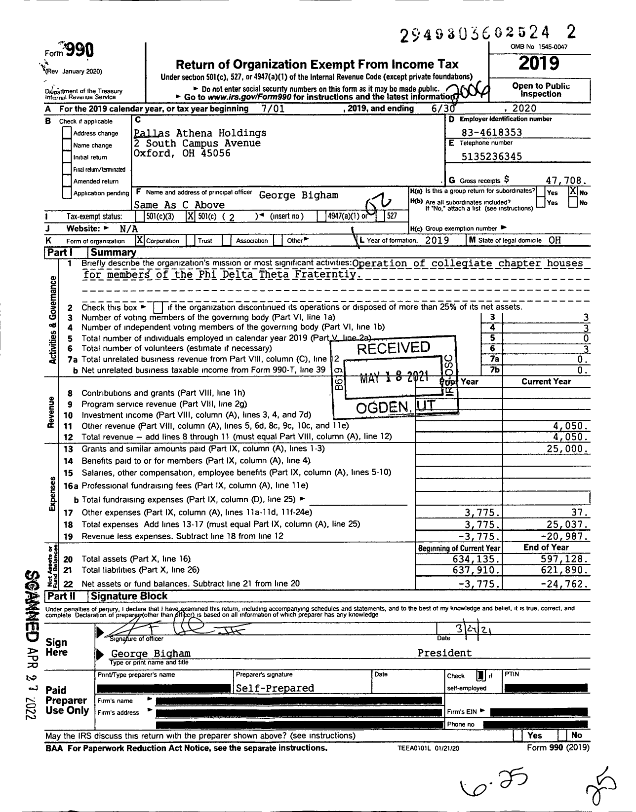 Image of first page of 2019 Form 990O for Pallas Athena Holdings