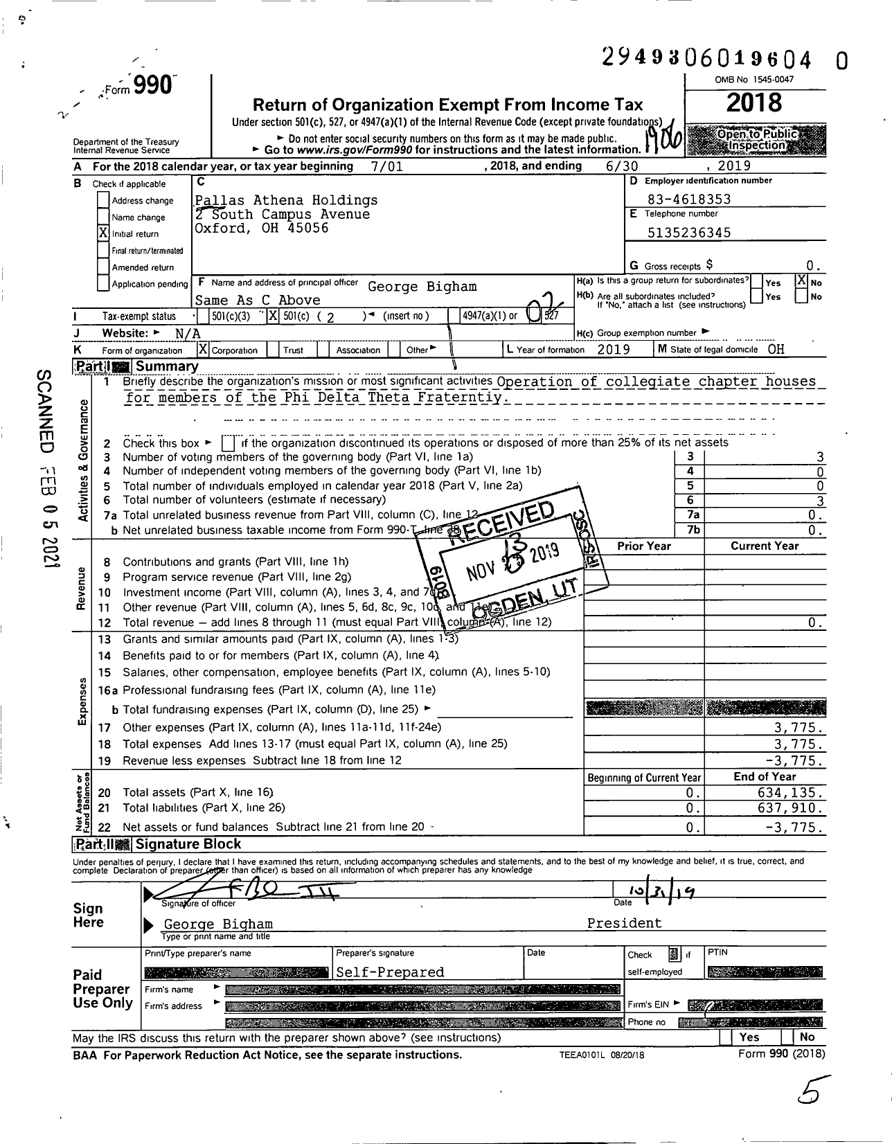 Image of first page of 2018 Form 990O for Pallas Athena Holdings