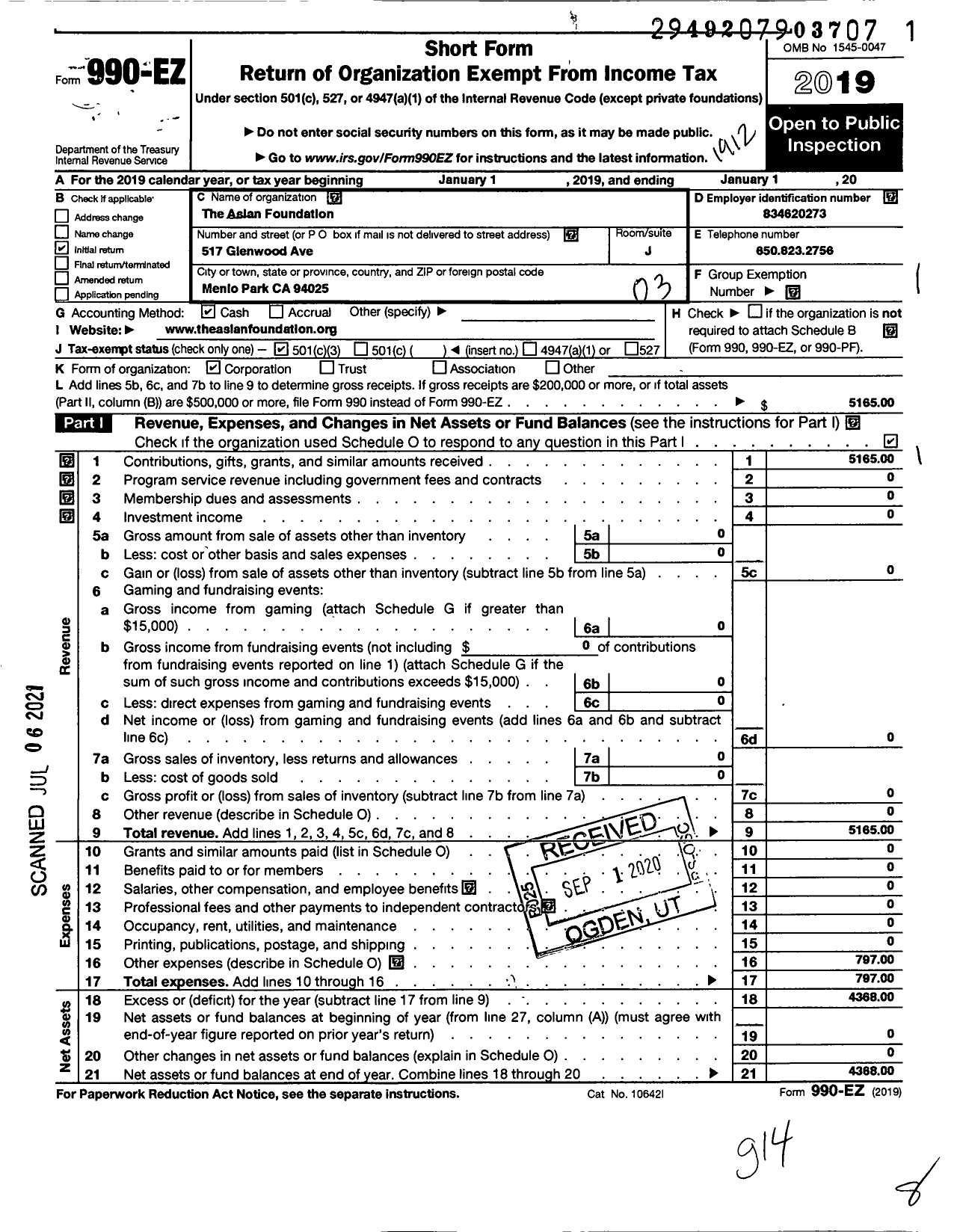 Image of first page of 2019 Form 990EZ for Aslan Foundation