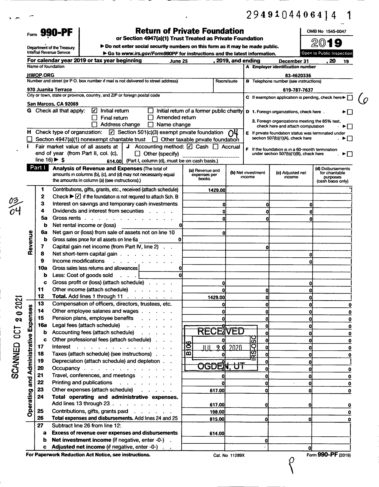 Image of first page of 2019 Form 990PF for Hwoporg