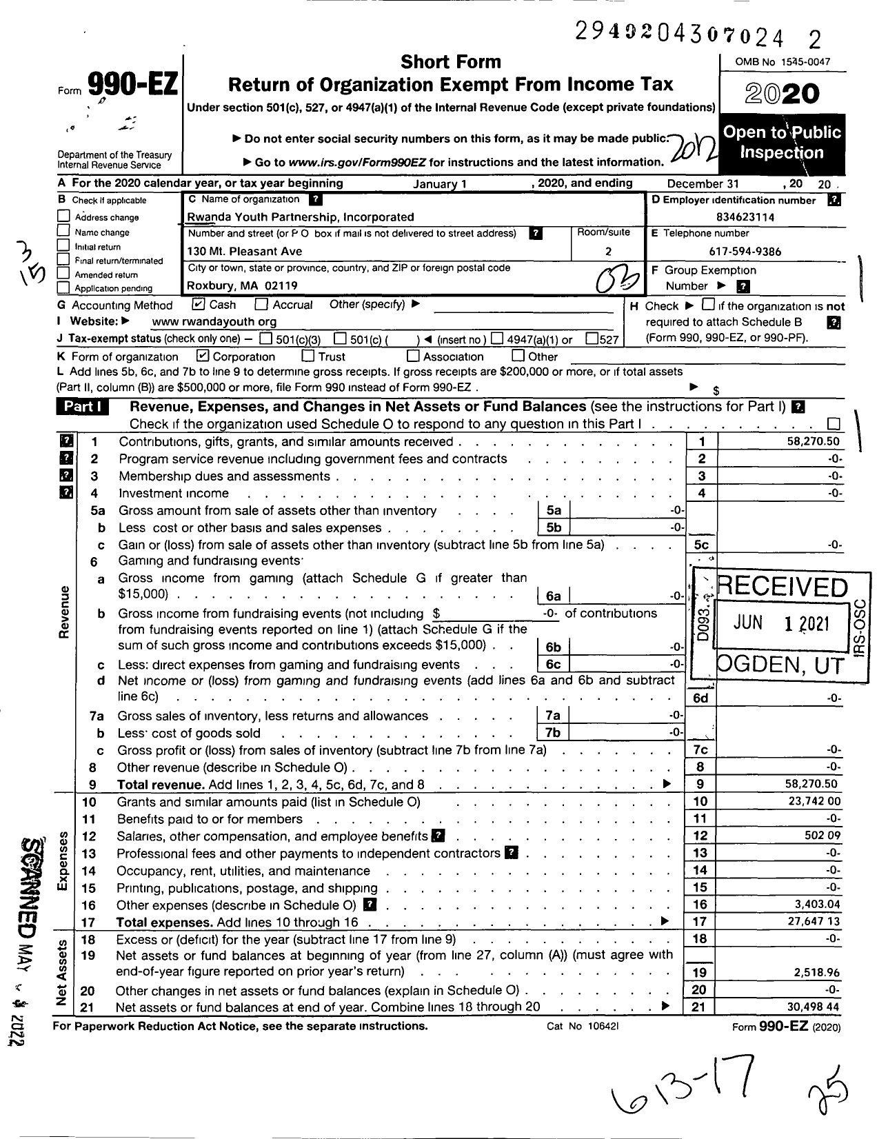 Image of first page of 2020 Form 990EZ for Rwanda Youth Partnership