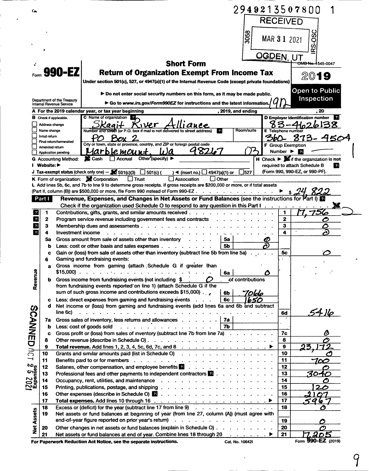 Image of first page of 2019 Form 990EZ for Skagit River Alliance (SRA)