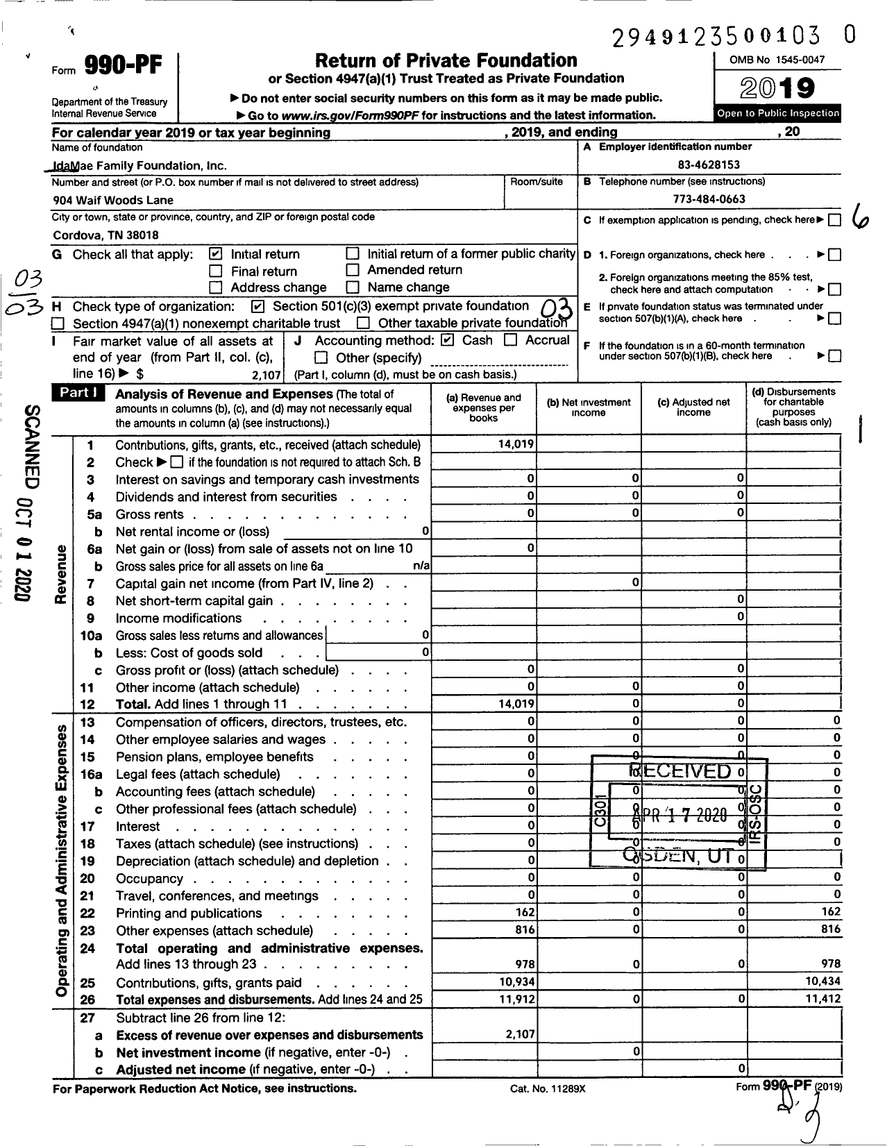 Image of first page of 2019 Form 990PR for Idamae Family Foundation