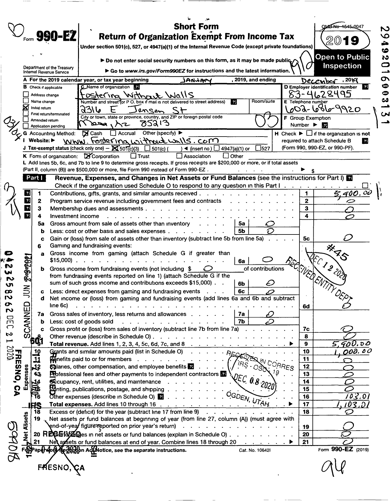 Image of first page of 2019 Form 990EZ for Fostering Without Walls