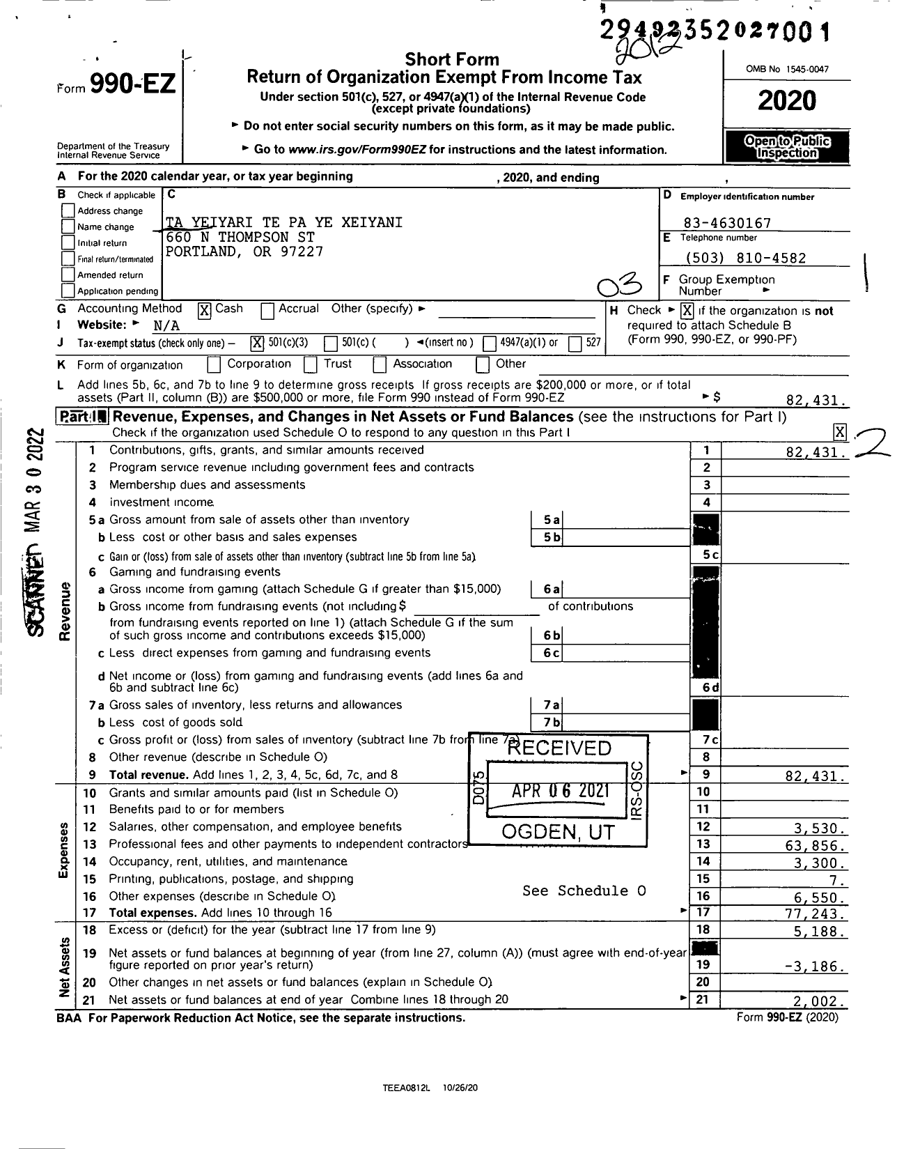 Image of first page of 2020 Form 990EZ for Ta Yeiyari Te Pa Ye Xeiyani