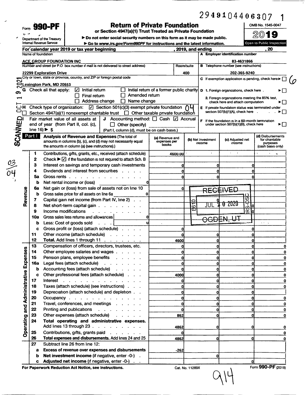 Image of first page of 2019 Form 990PF for Ace Group Foundation