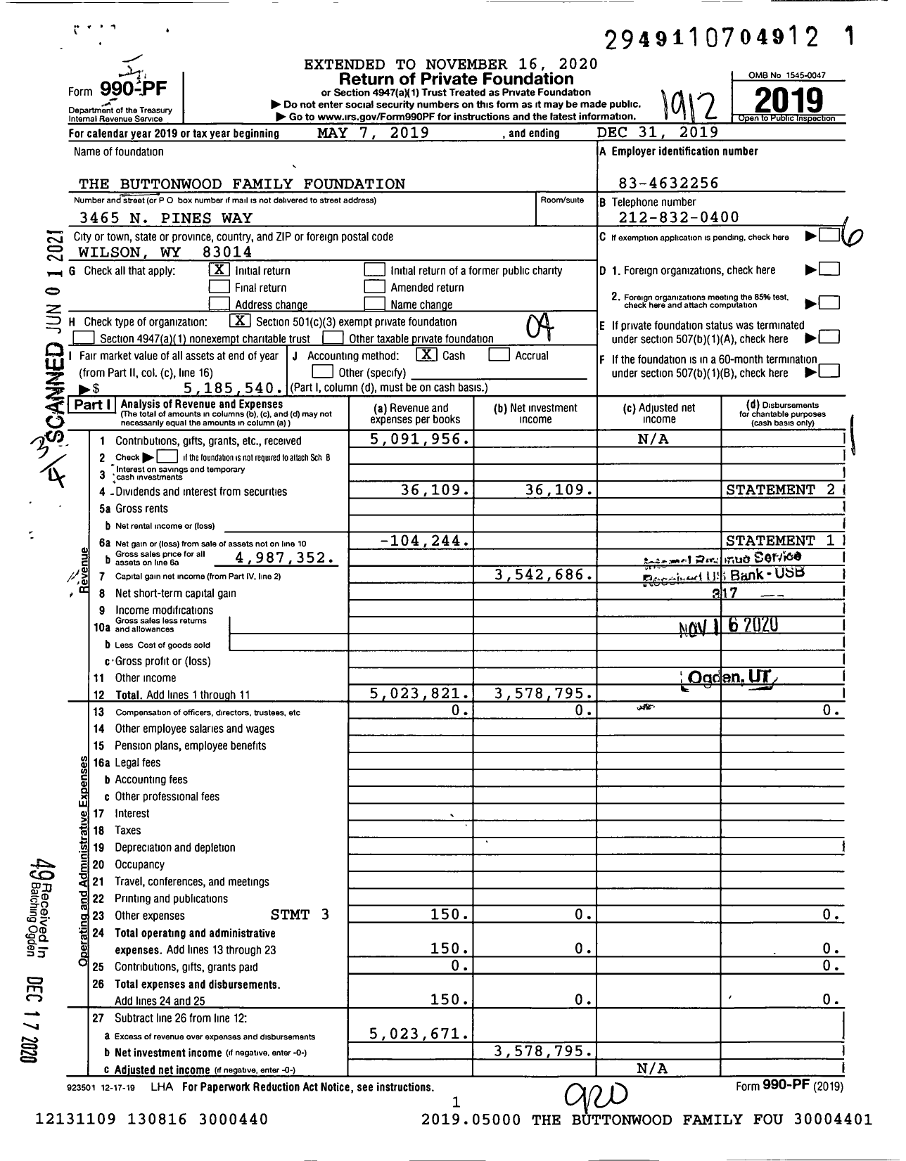 Image of first page of 2019 Form 990PF for The Buttonwood Family Foundation