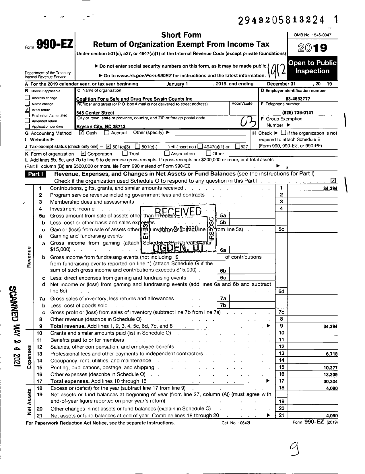 Image of first page of 2019 Form 990EZ for Coalition for A Safe and Drug Free Swain County