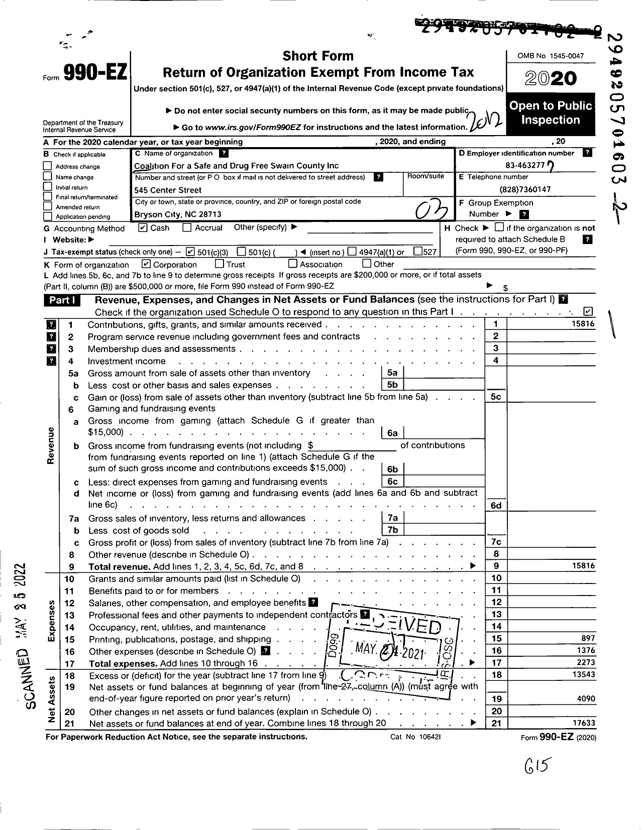 Image of first page of 2020 Form 990EZ for Coalition for A Safe and Drug Free Swain County