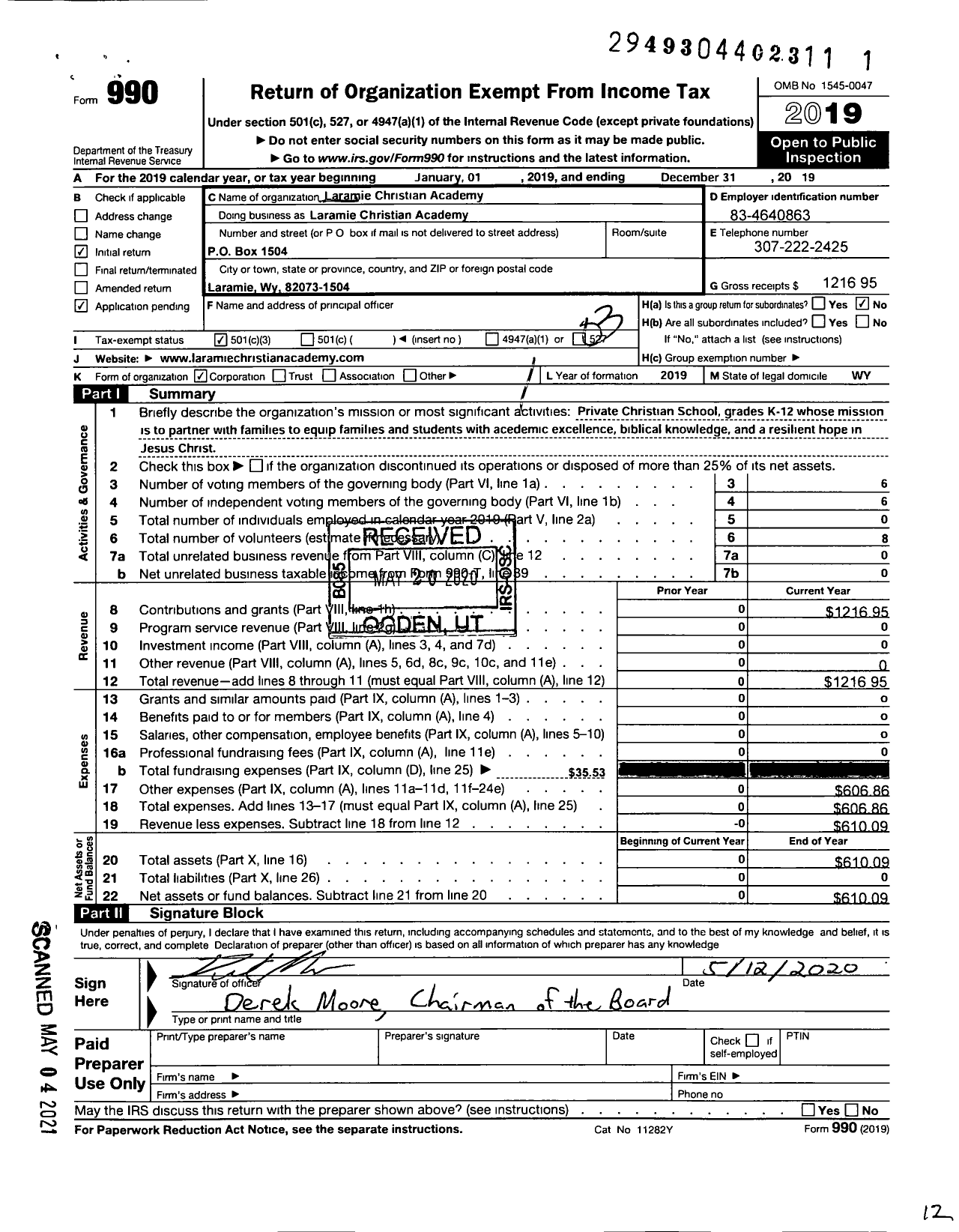 Image of first page of 2019 Form 990 for Laramie Christian Academy