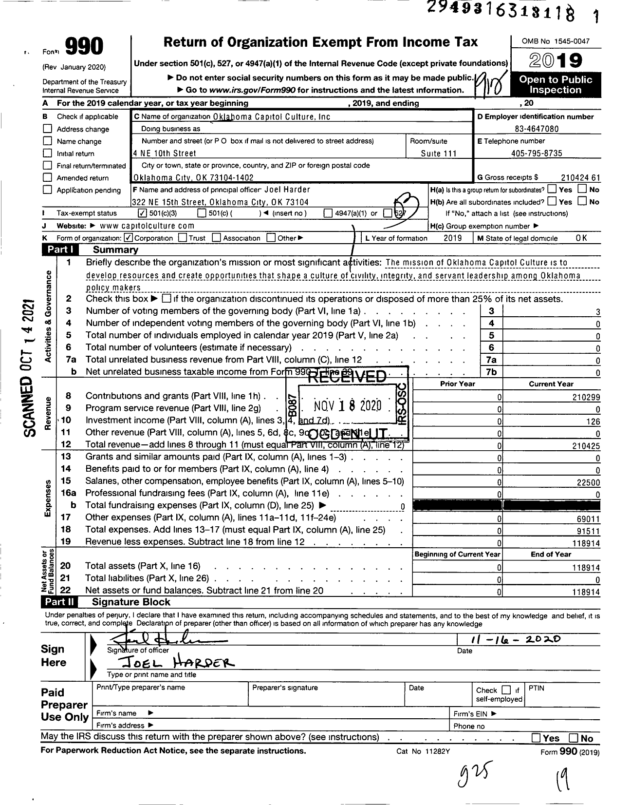 Image of first page of 2019 Form 990 for Oklahoma Capitol Culture