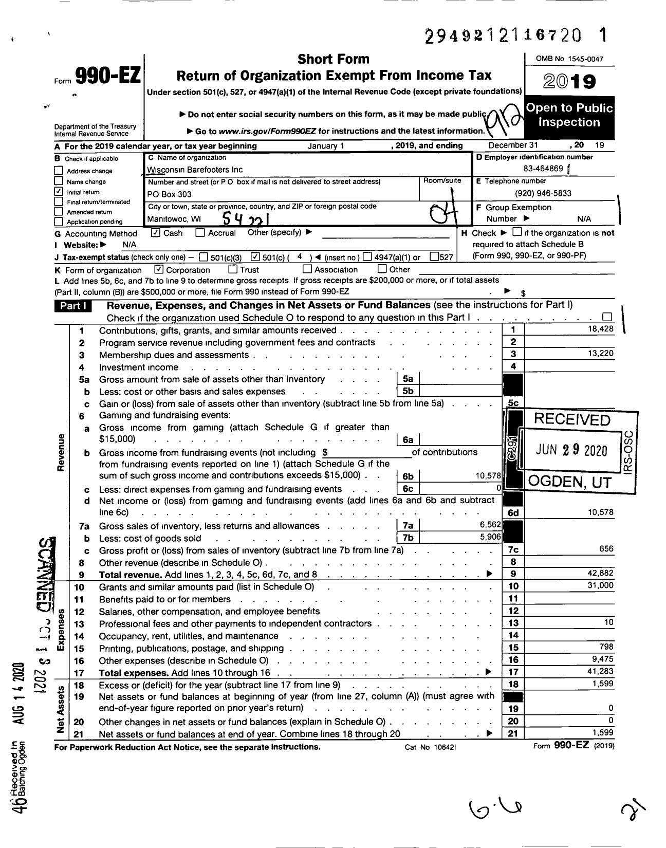 Image of first page of 2019 Form 990EO for Wisconsin Barefooters