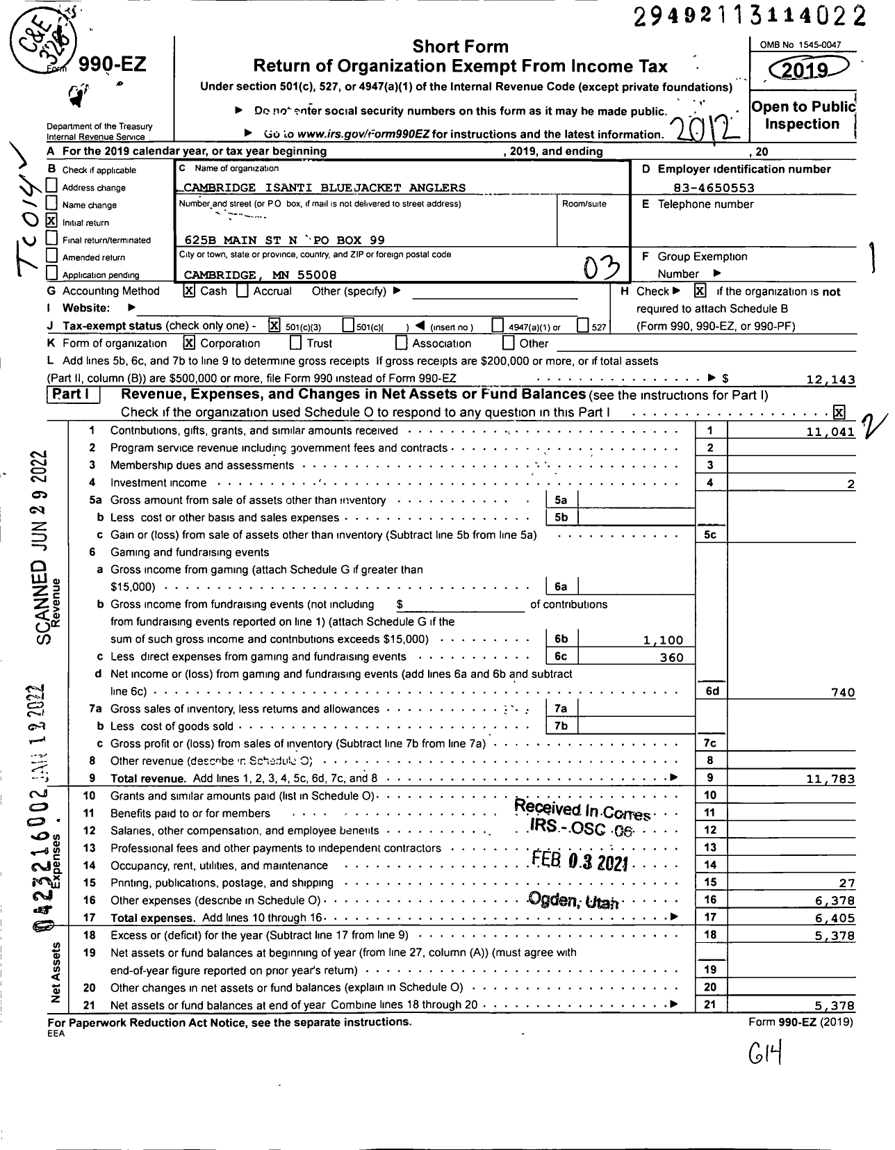 Image of first page of 2020 Form 990EZ for Cambridge Isanti Bluejacket Anglers