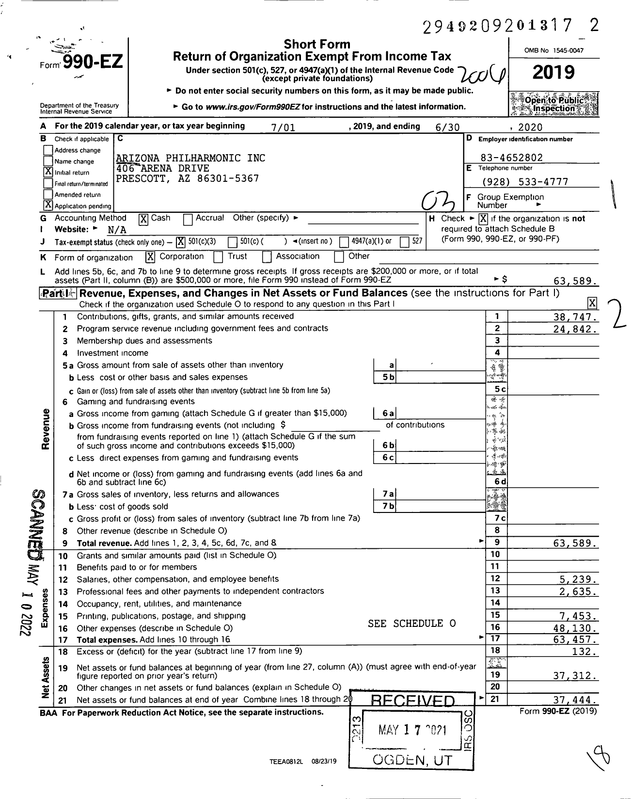 Image of first page of 2019 Form 990EZ for Arizona Philharmonic