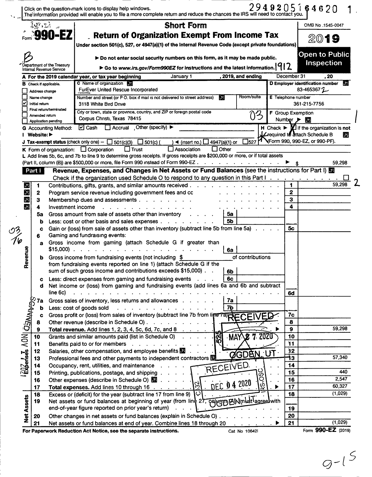 Image of first page of 2019 Form 990EZ for Furever United Rescue Incorporated