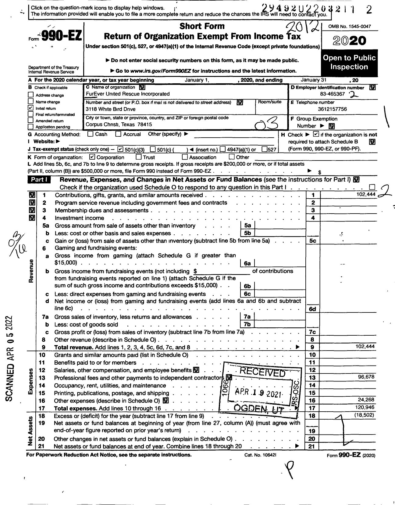 Image of first page of 2020 Form 990EZ for Furever United Rescue Incorporated