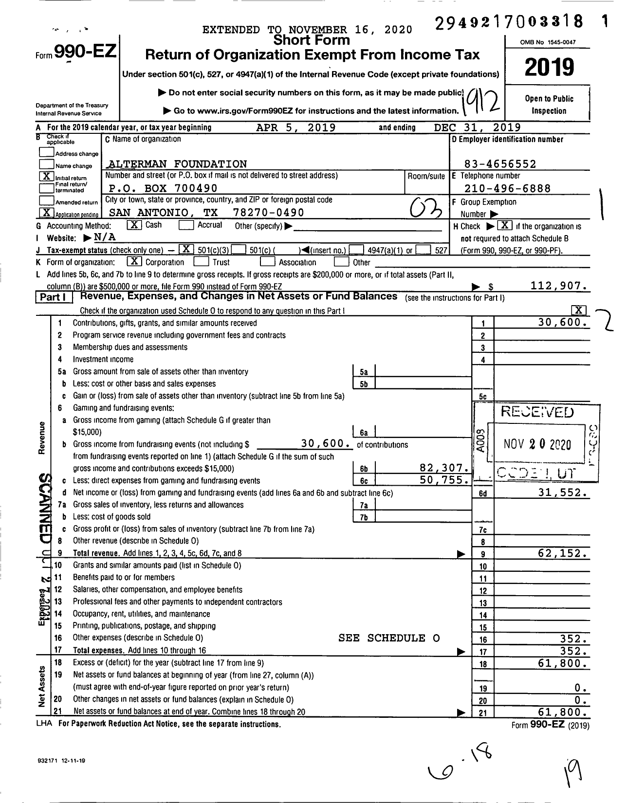 Image of first page of 2019 Form 990EZ for Alterman Foundation