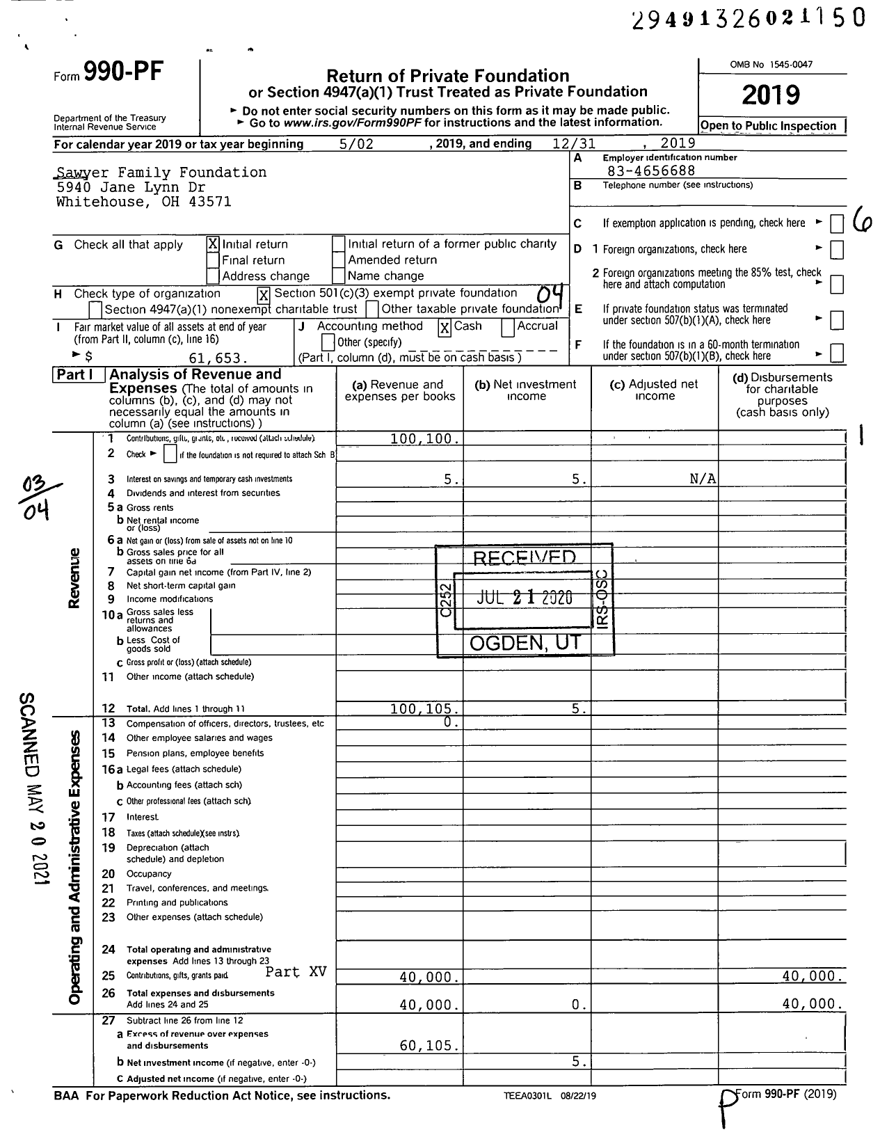 Image of first page of 2019 Form 990PF for Sawyer Family Foundation