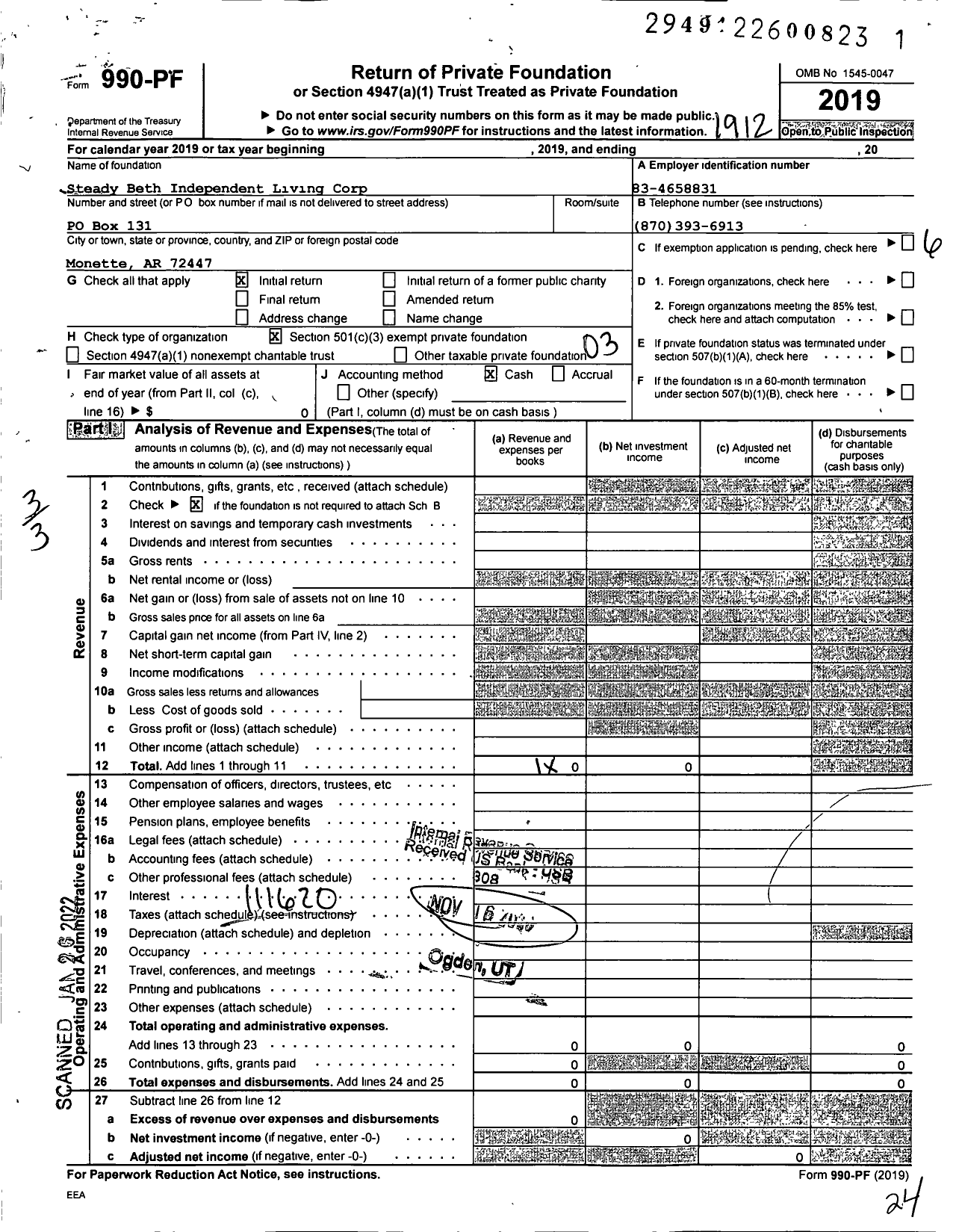 Image of first page of 2019 Form 990PF for Steady Beth Independent Living Corp