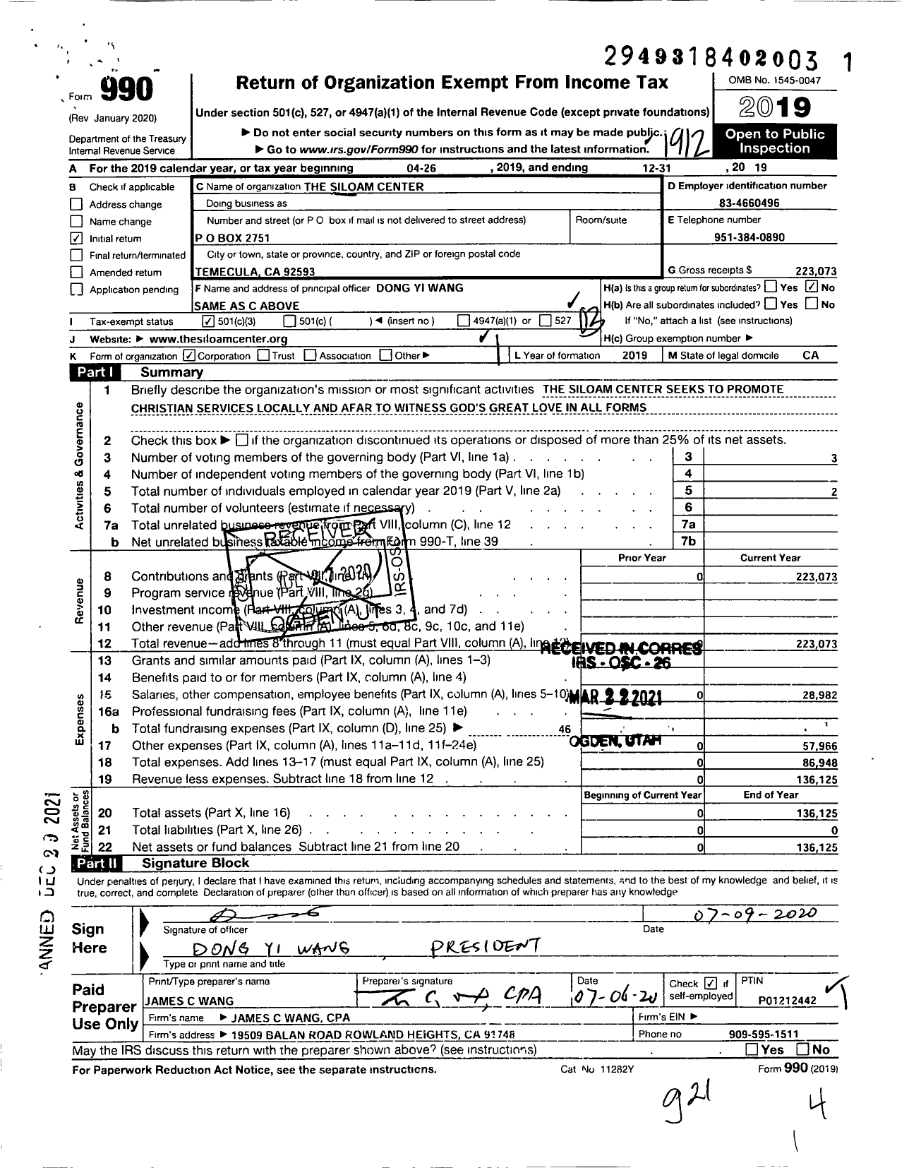 Image of first page of 2019 Form 990 for Siloam Center