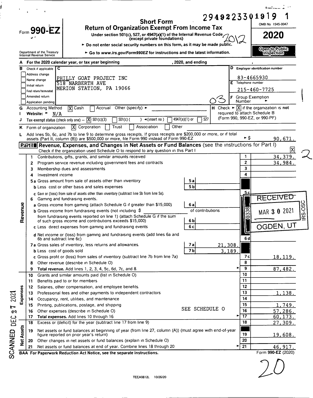 Image of first page of 2020 Form 990EZ for Philly Goat Project