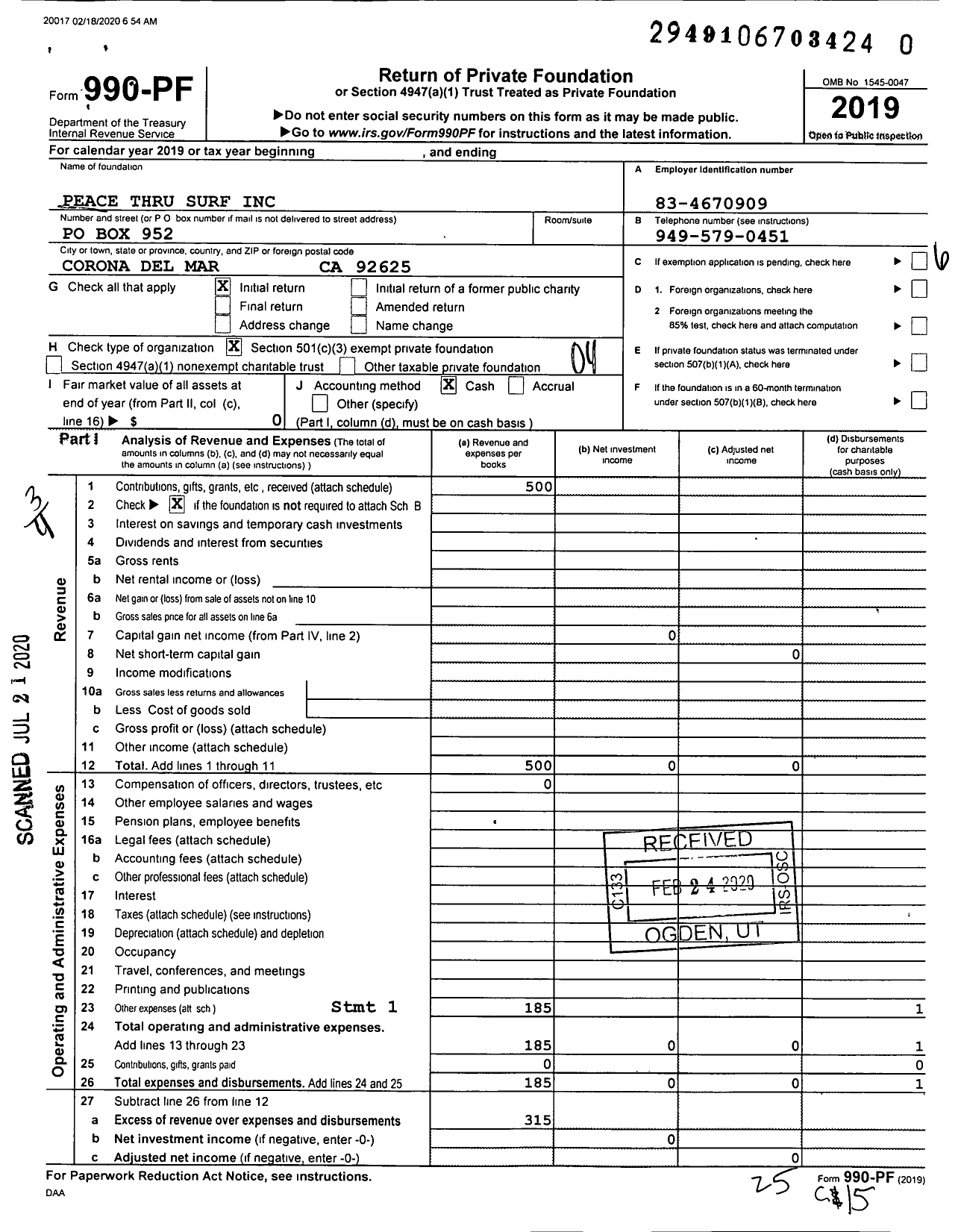 Image of first page of 2019 Form 990PR for Peace Thru Surf