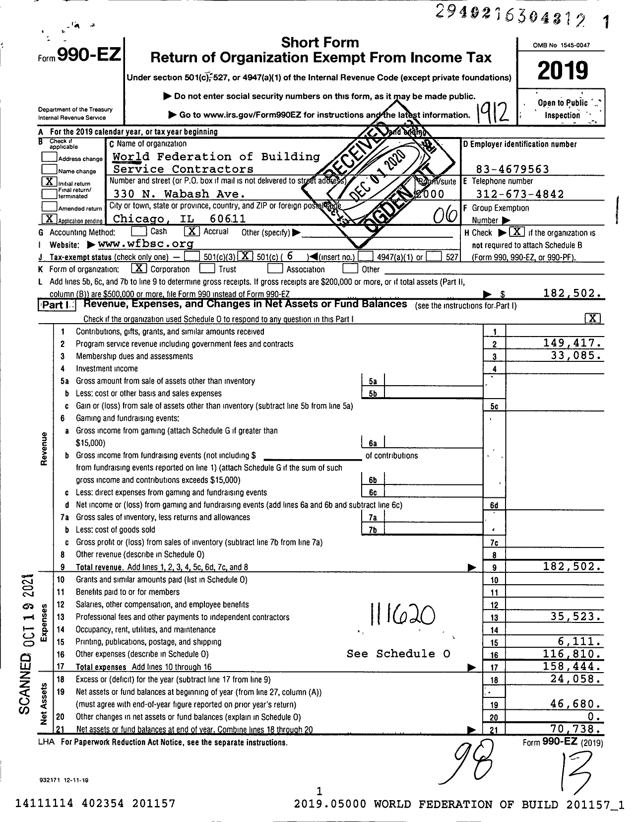 Image of first page of 2019 Form 990EO for World Federation of Building Service Contractors