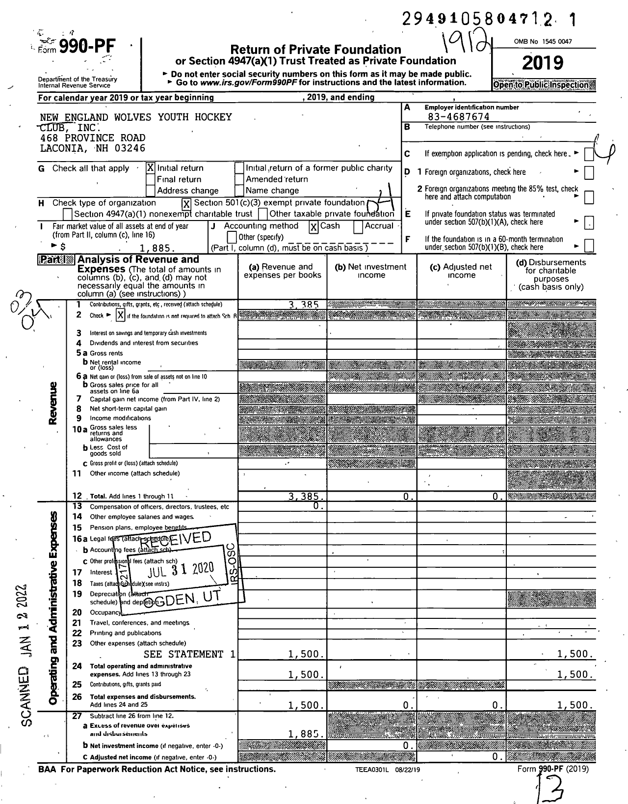 Image of first page of 2019 Form 990PF for New England Wolves Youth Hockey Club