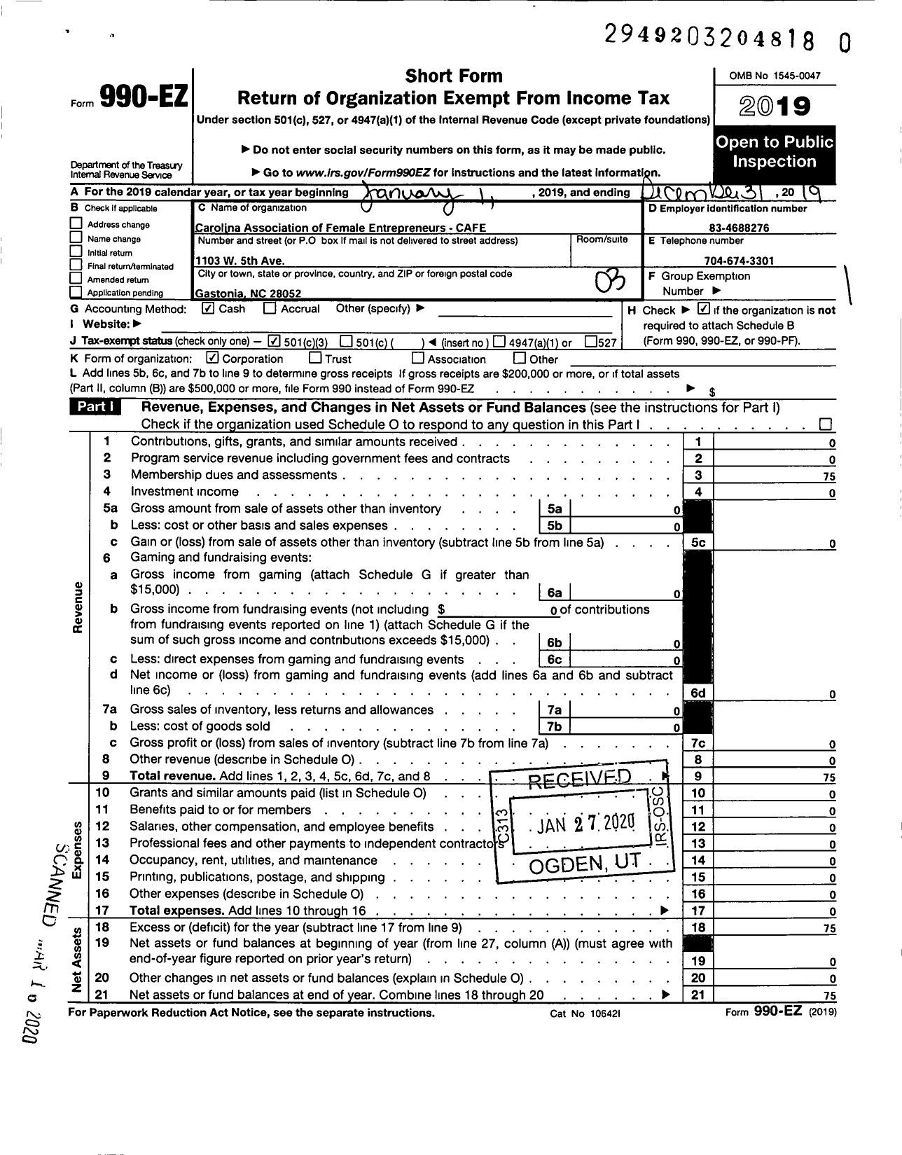 Image of first page of 2019 Form 990EZ for Carolina Association of Female Entrepreneurs