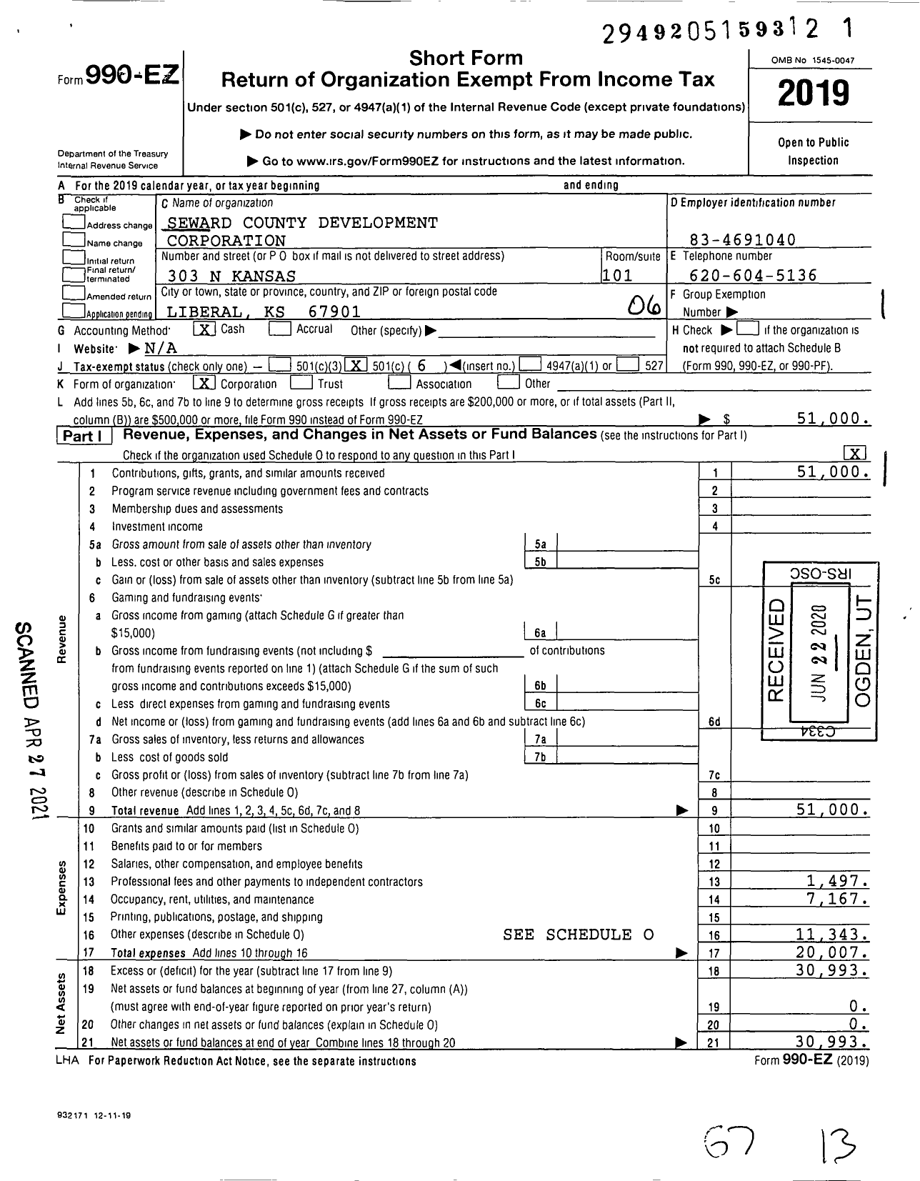 Image of first page of 2019 Form 990EO for Seward County Development Corporation