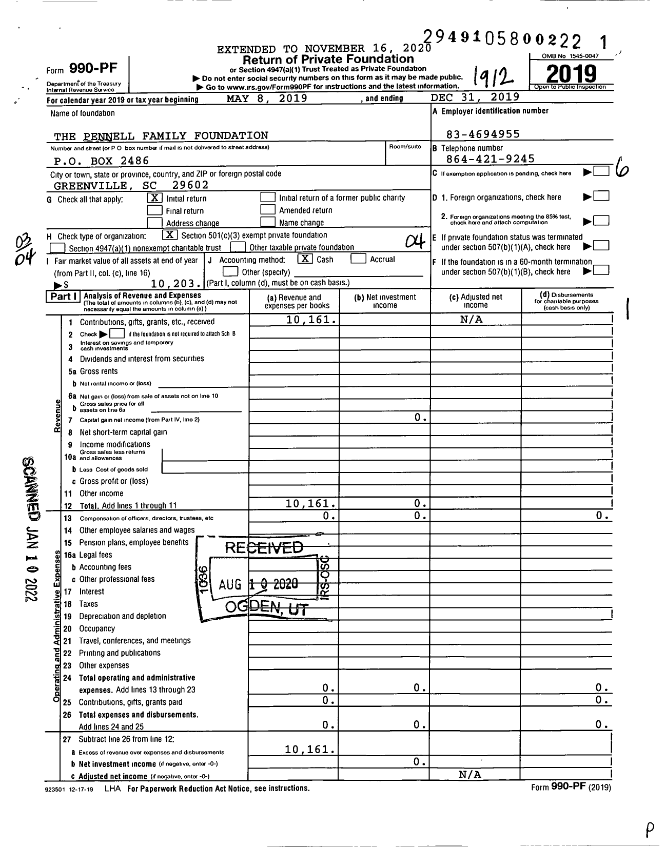 Image of first page of 2019 Form 990PF for The Pennell Family Foundation