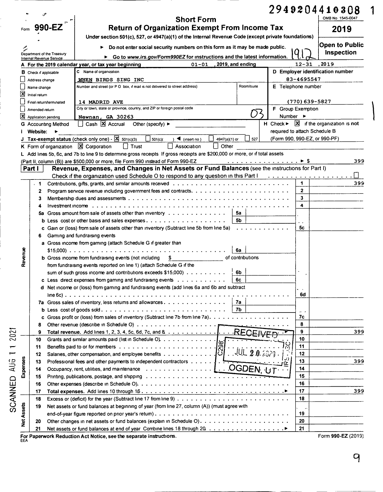 Image of first page of 2019 Form 990EZ for When Birds Sing