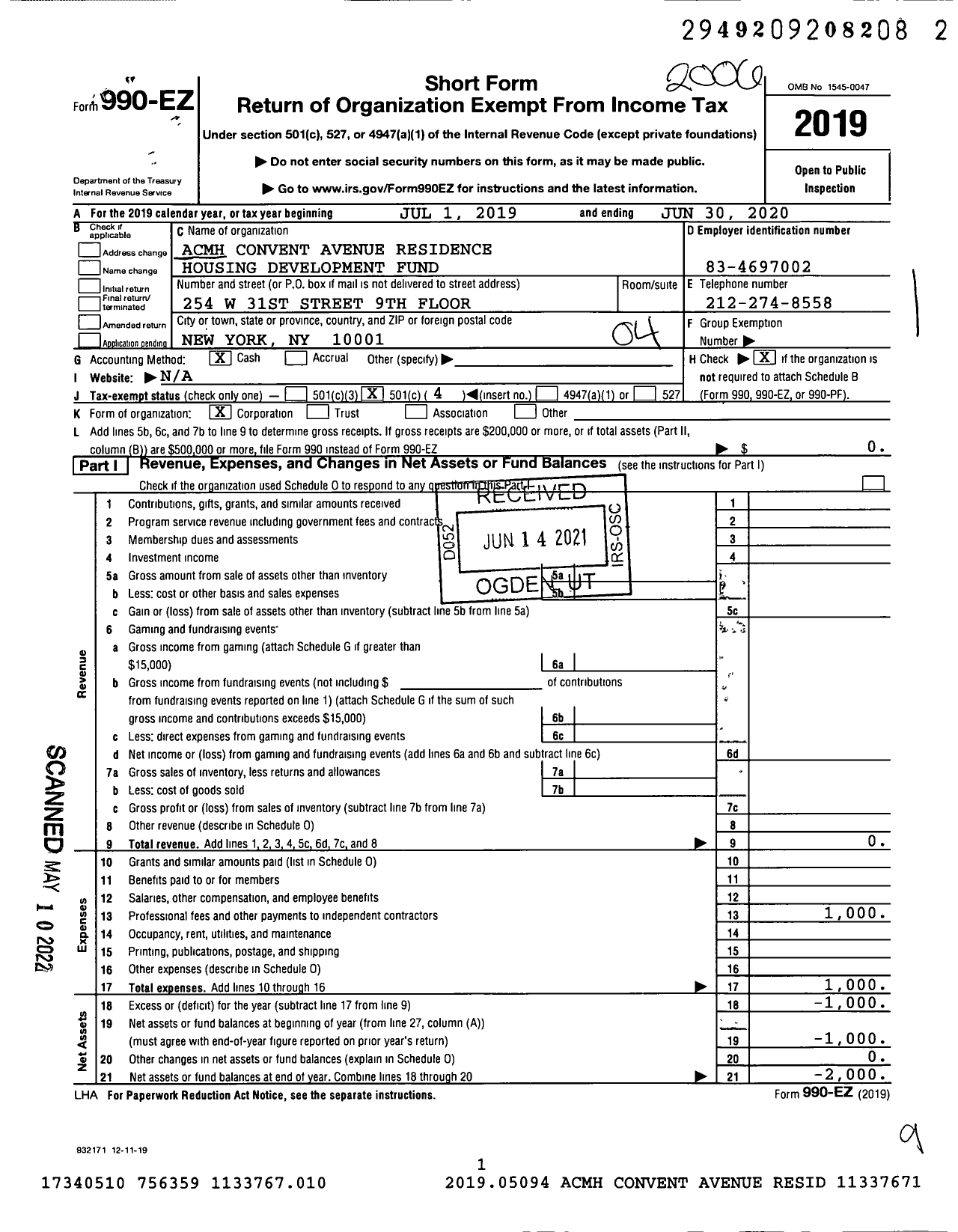 Image of first page of 2019 Form 990EO for Acmh Convent Avenue Residence Housing Development Fund