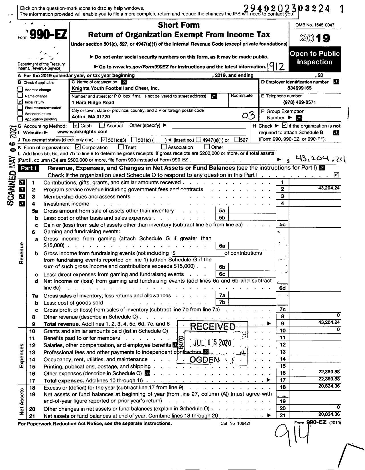 Image of first page of 2019 Form 990EZ for Knights Youth Football and Cheer