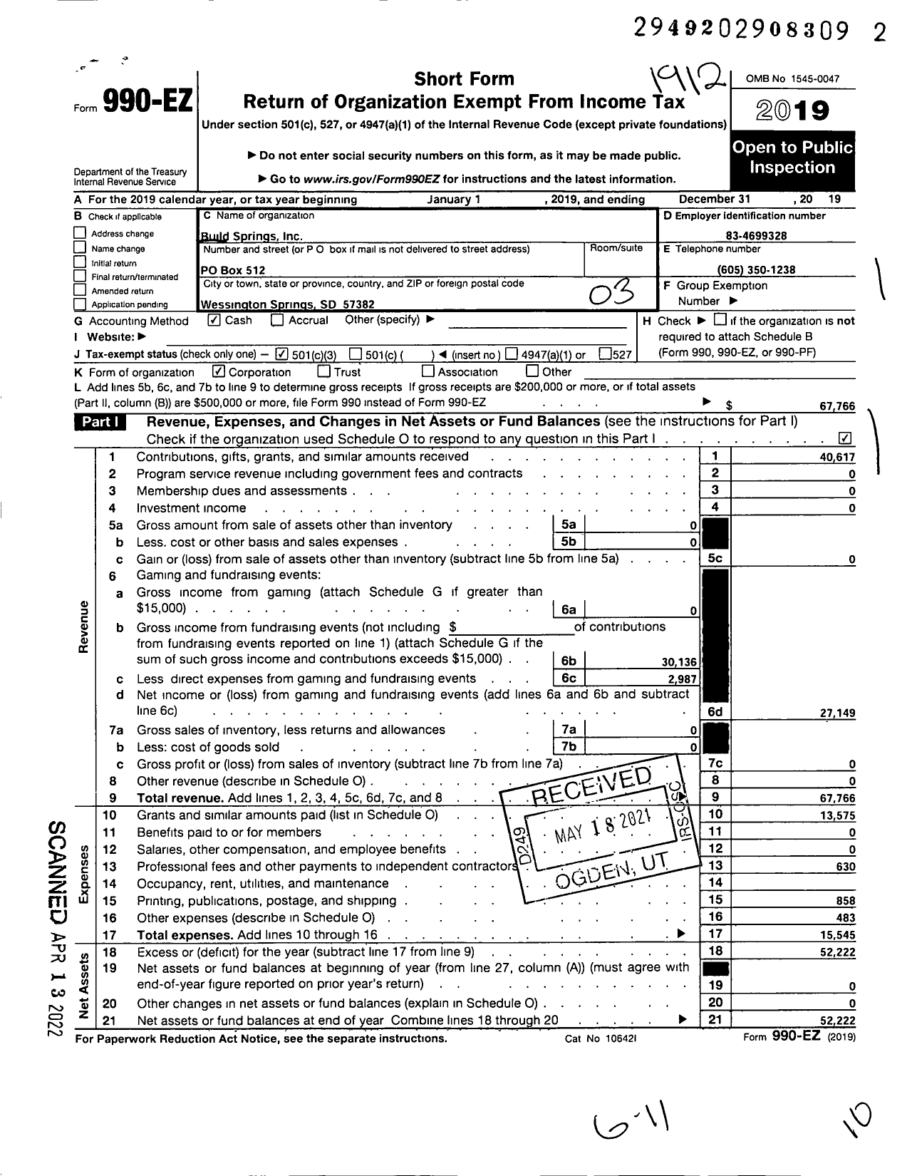 Image of first page of 2019 Form 990EZ for Build Springs