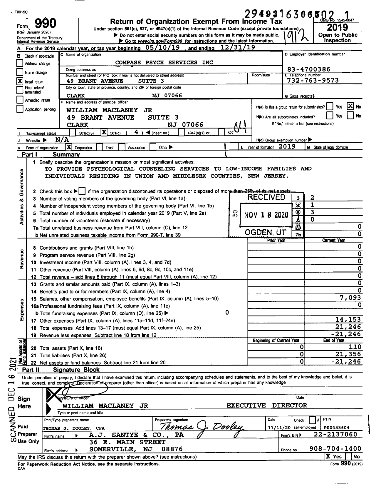 Image of first page of 2019 Form 990O for Compass Psych Services