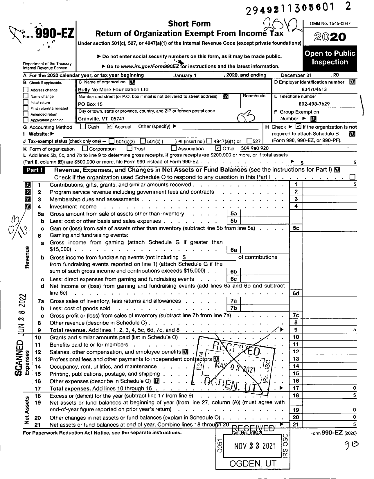 Image of first page of 2020 Form 990EZ for Bully No More Foundation