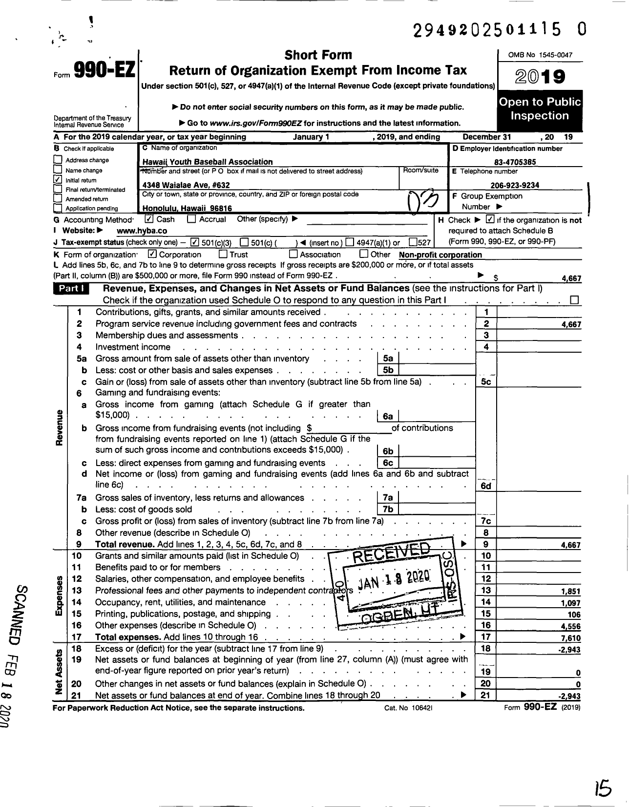 Image of first page of 2019 Form 990EZ for Perfect Game Hawaii