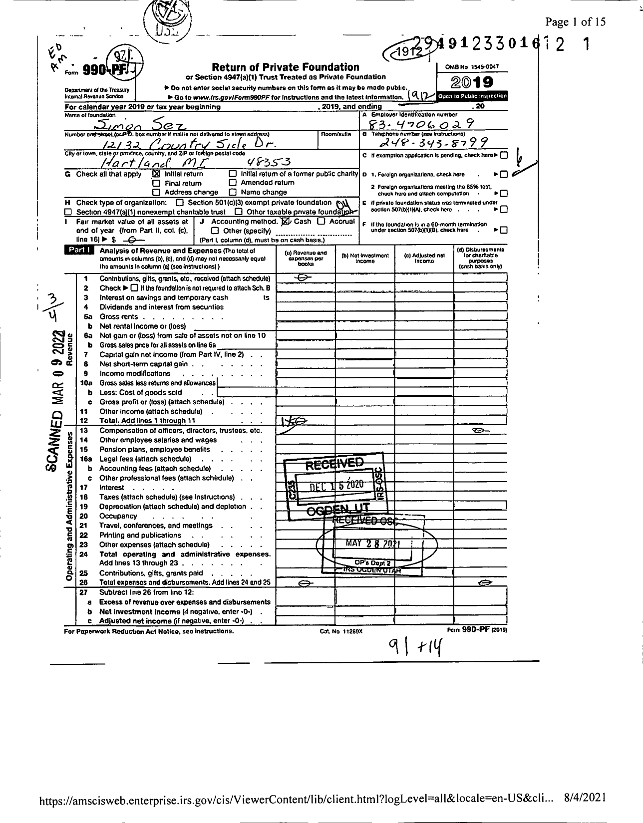 Image of first page of 2019 Form 990PF for Simon Sez