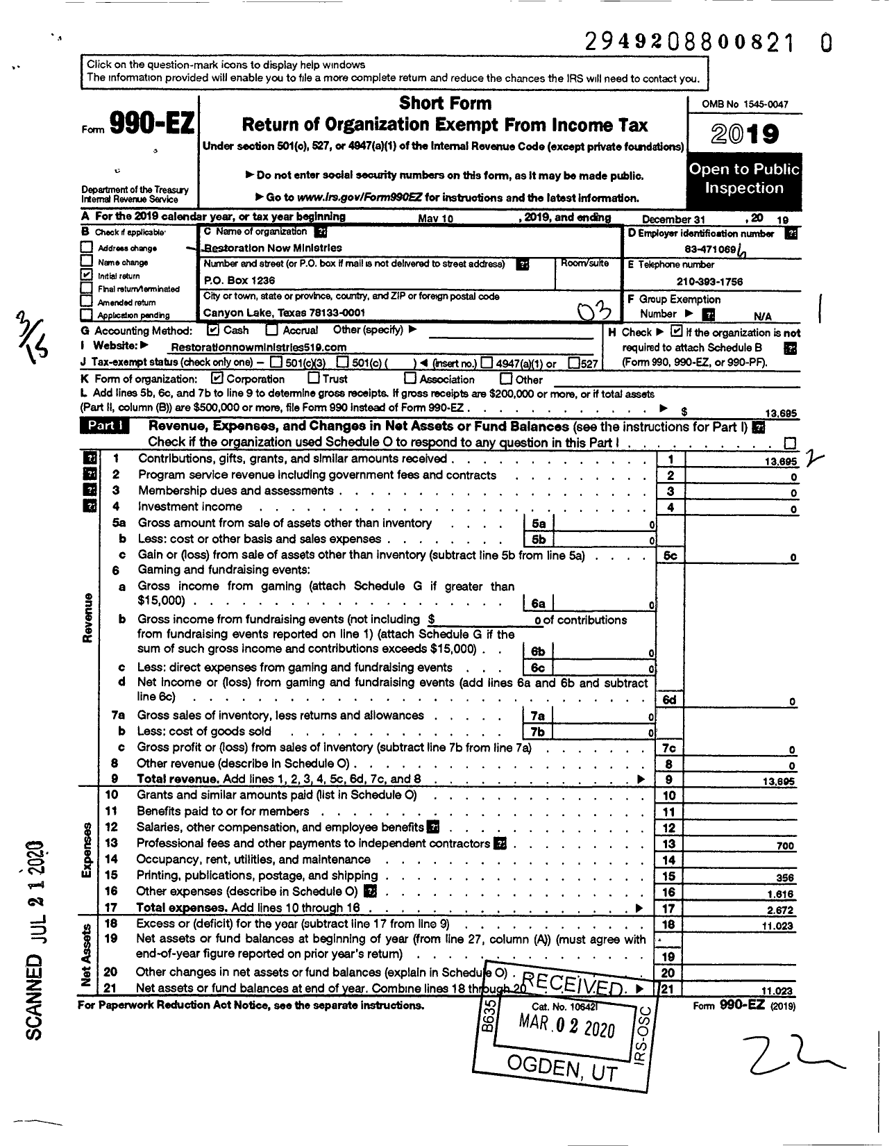 Image of first page of 2019 Form 990EZ for Restoration Now Ministries