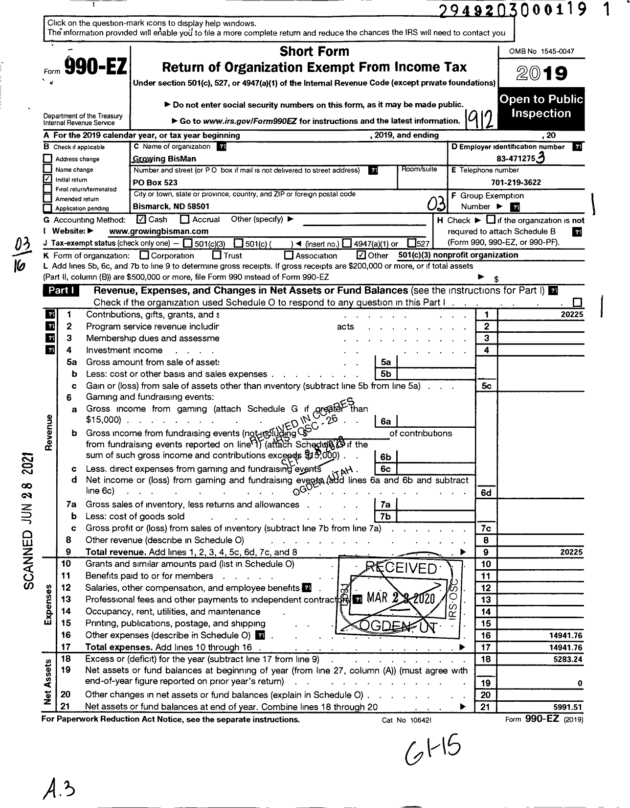 Image of first page of 2019 Form 990EZ for Growing Bisman