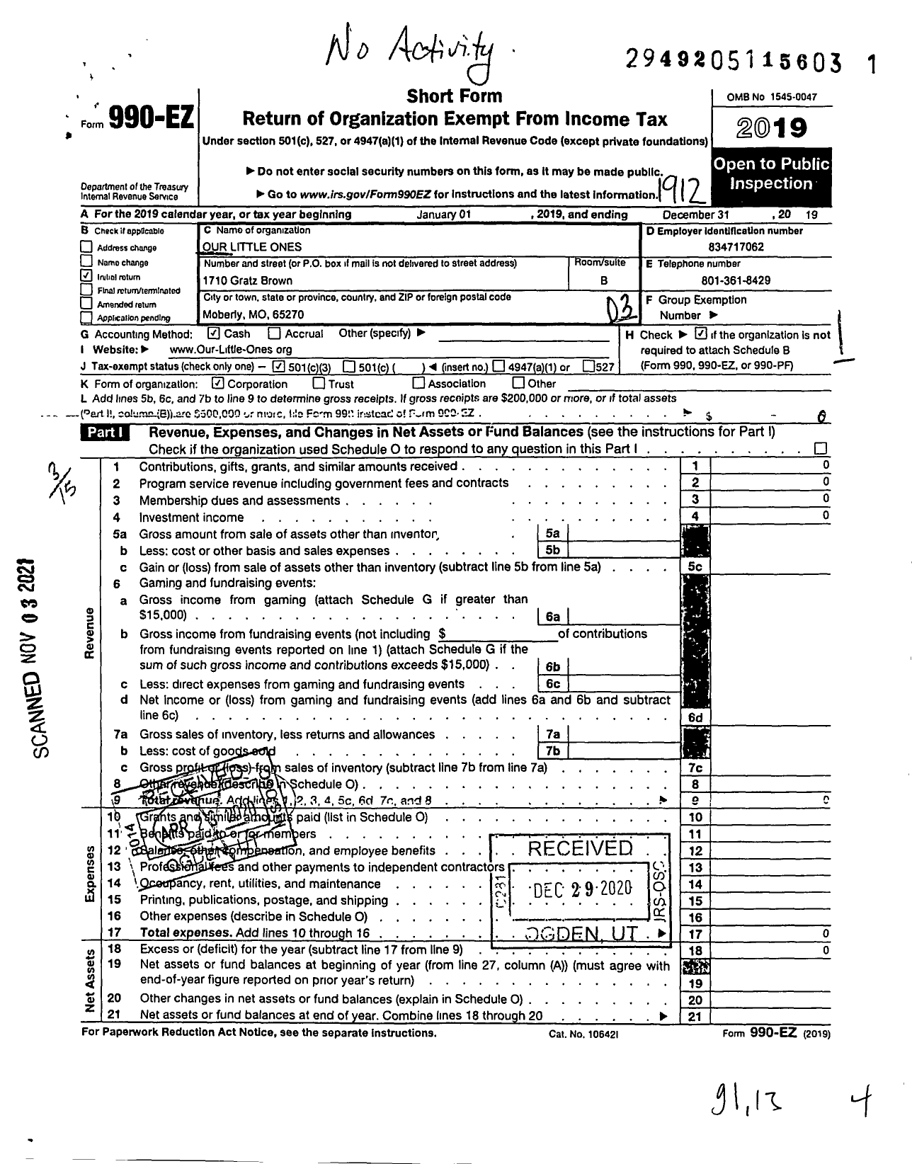 Image of first page of 2019 Form 990EZ for Our Little Ones