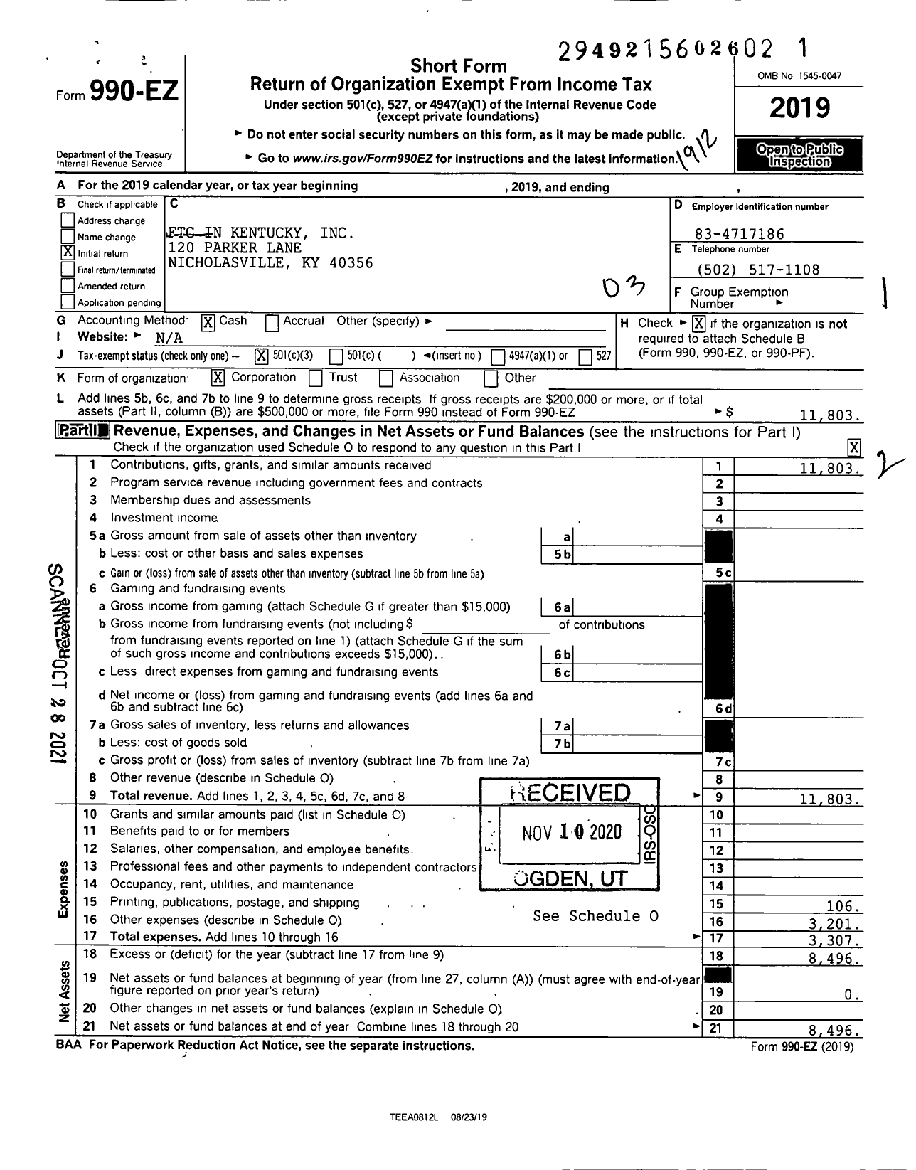 Image of first page of 2019 Form 990EZ for KY FIRST Robotics