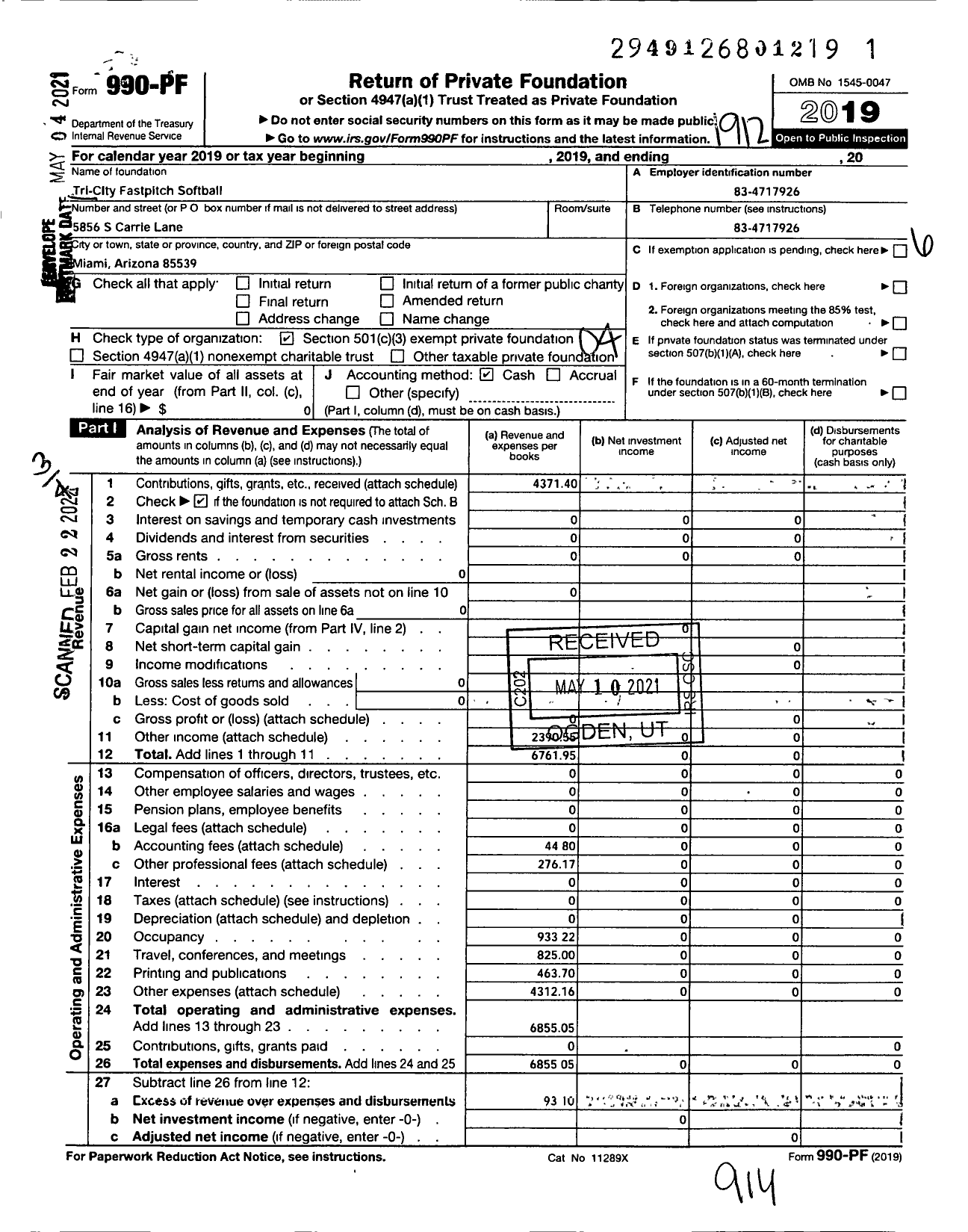 Image of first page of 2019 Form 990PF for Tri-City Fastpitch Softball