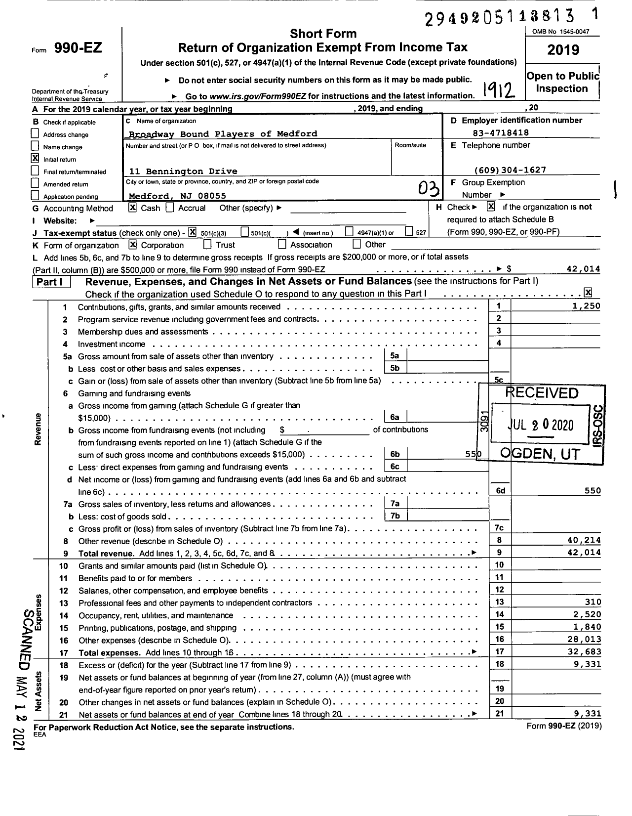 Image of first page of 2019 Form 990EZ for Broadway Bound Players of Medford