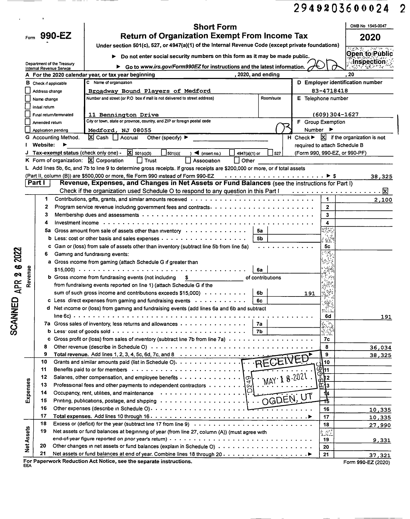 Image of first page of 2020 Form 990EZ for Broadway Bound Players of Medford