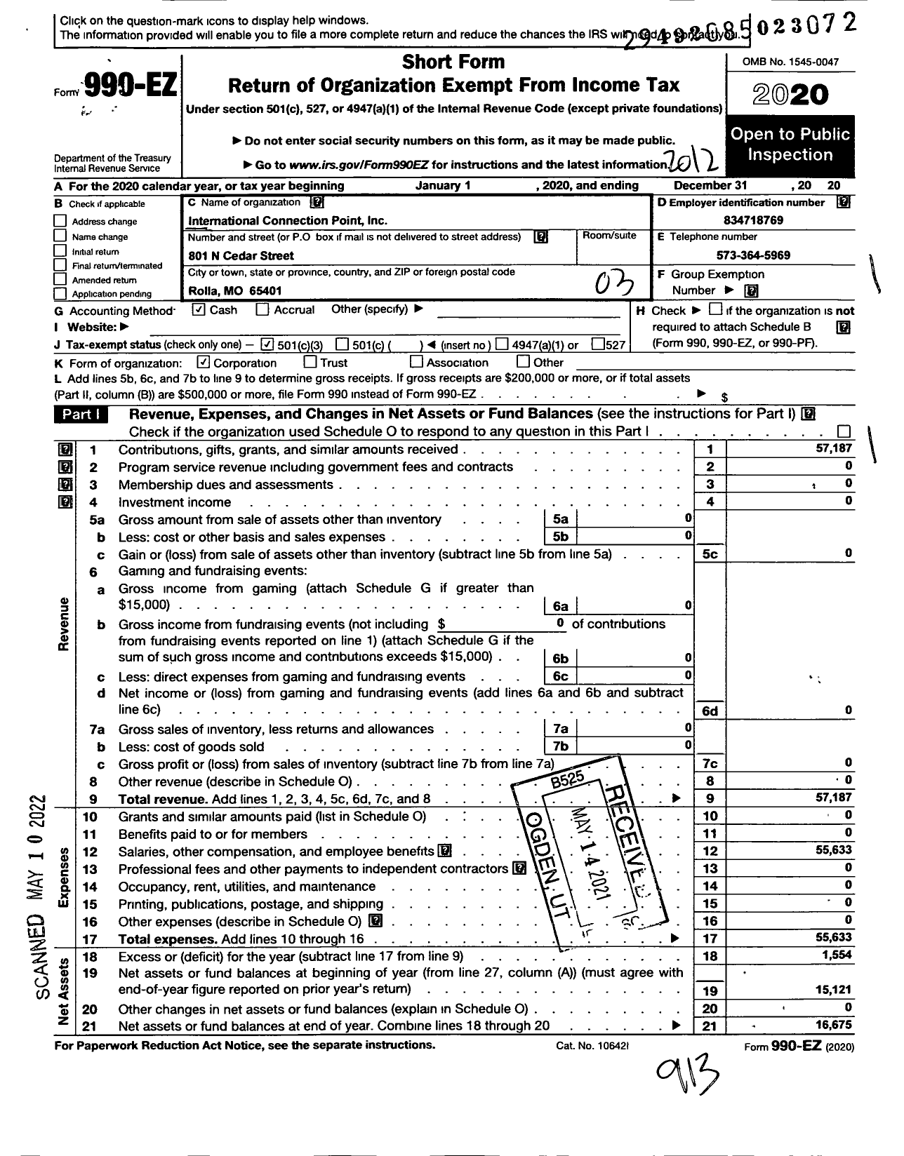 Image of first page of 2020 Form 990EZ for International Connection Point