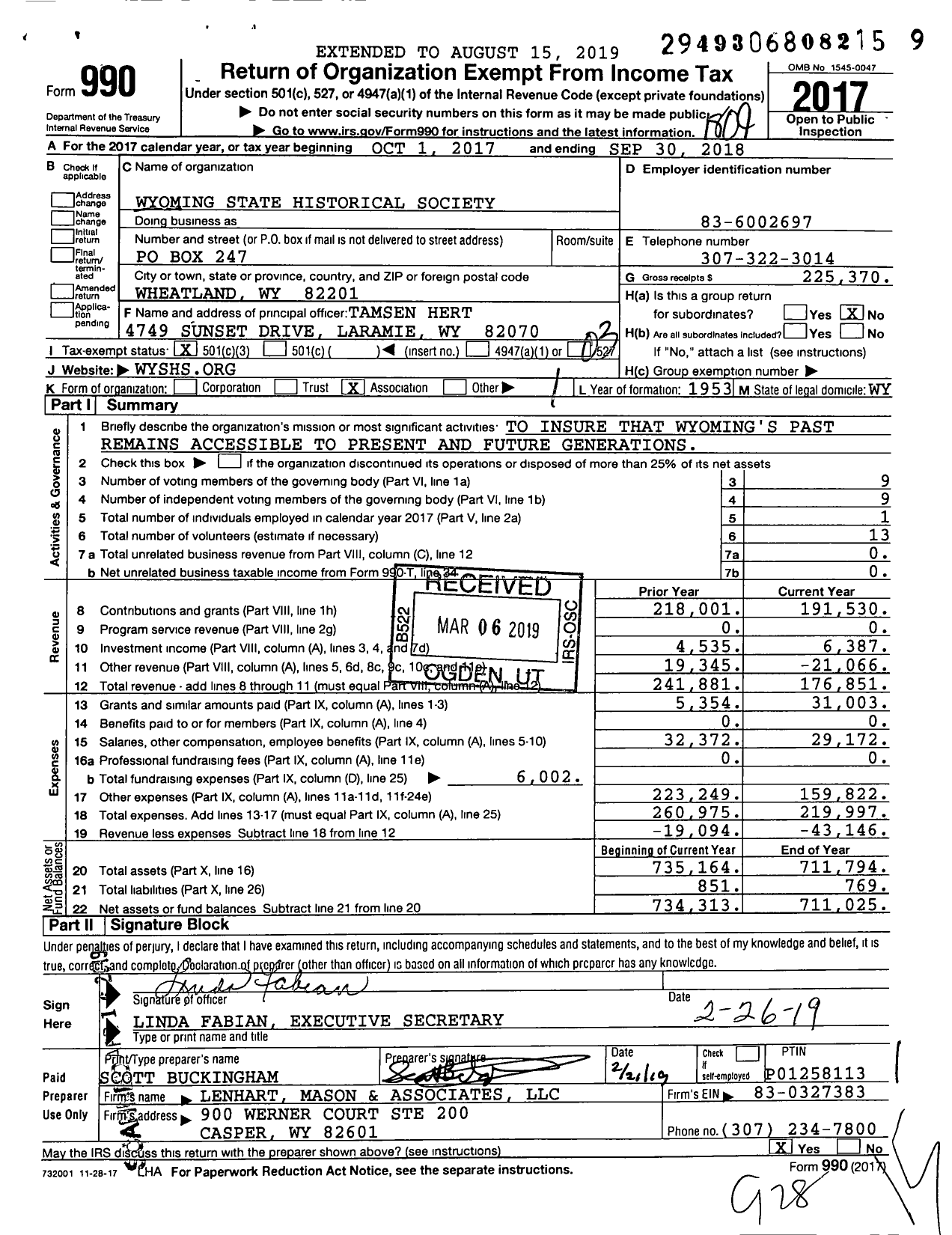 Image of first page of 2017 Form 990 for Wyoming Historical Society